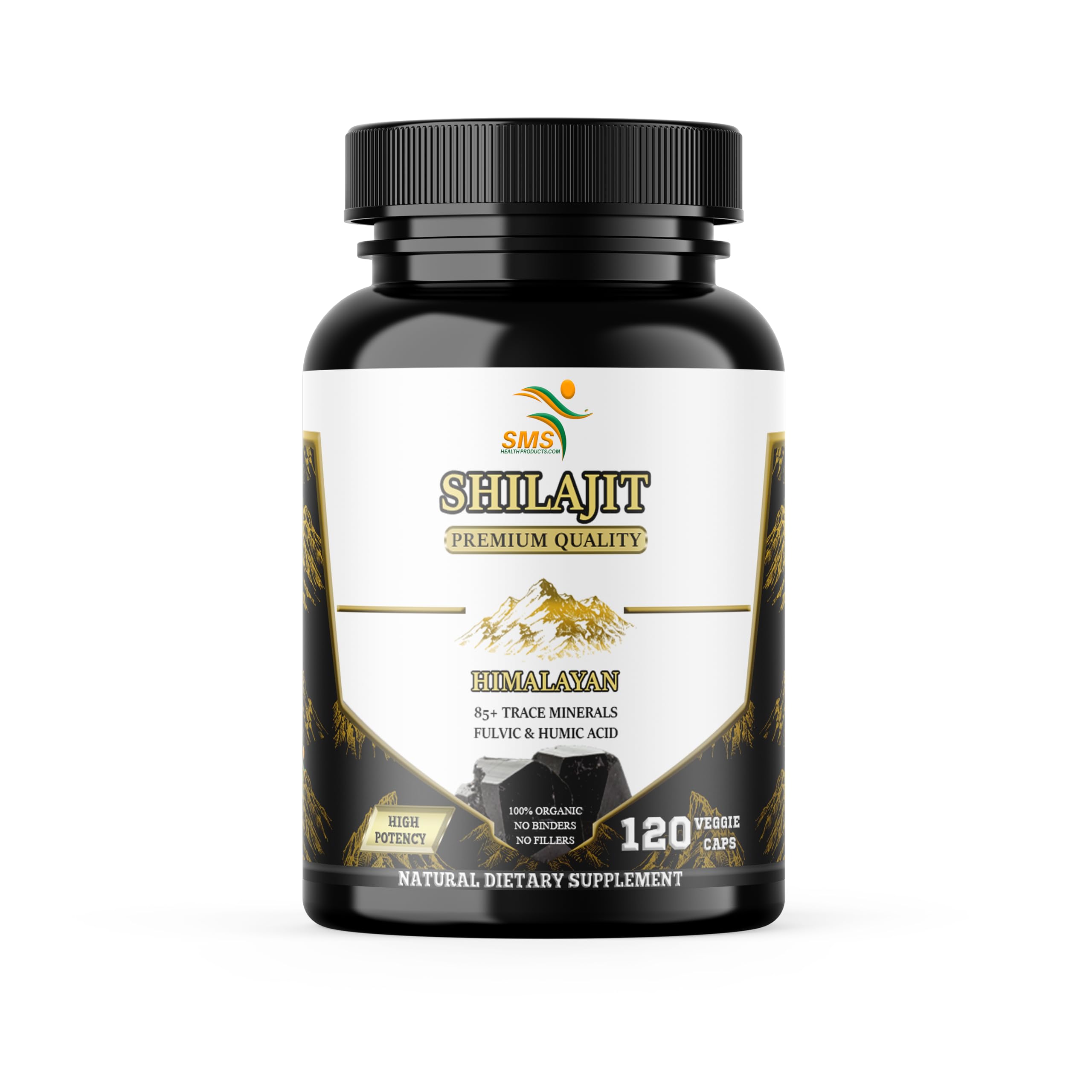 SMSHEALTHPRODUCTS.com Shilajit Capsules front view with bottle label