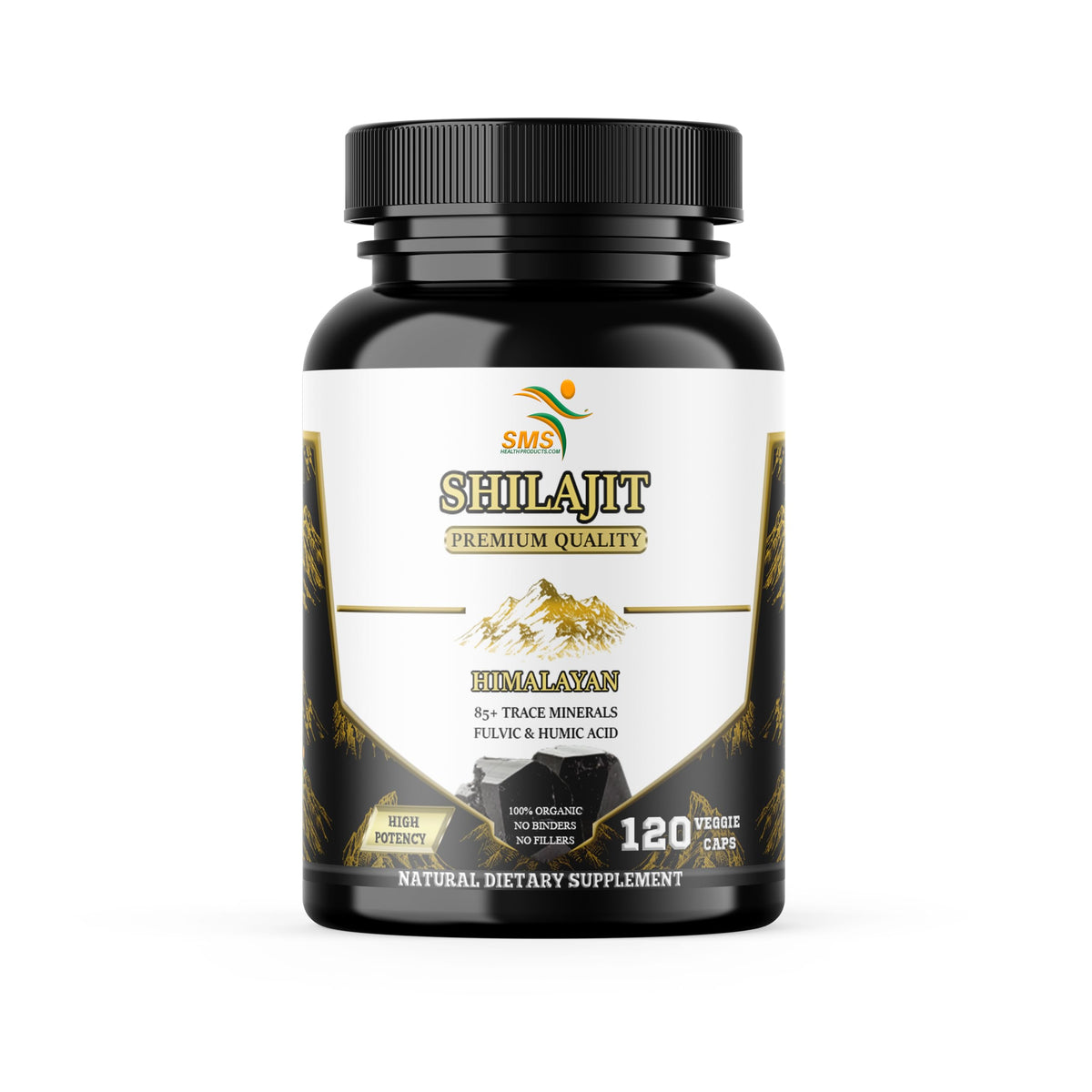 SMSHEALTHPRODUCTS.com Shilajit Capsules front view with bottle label