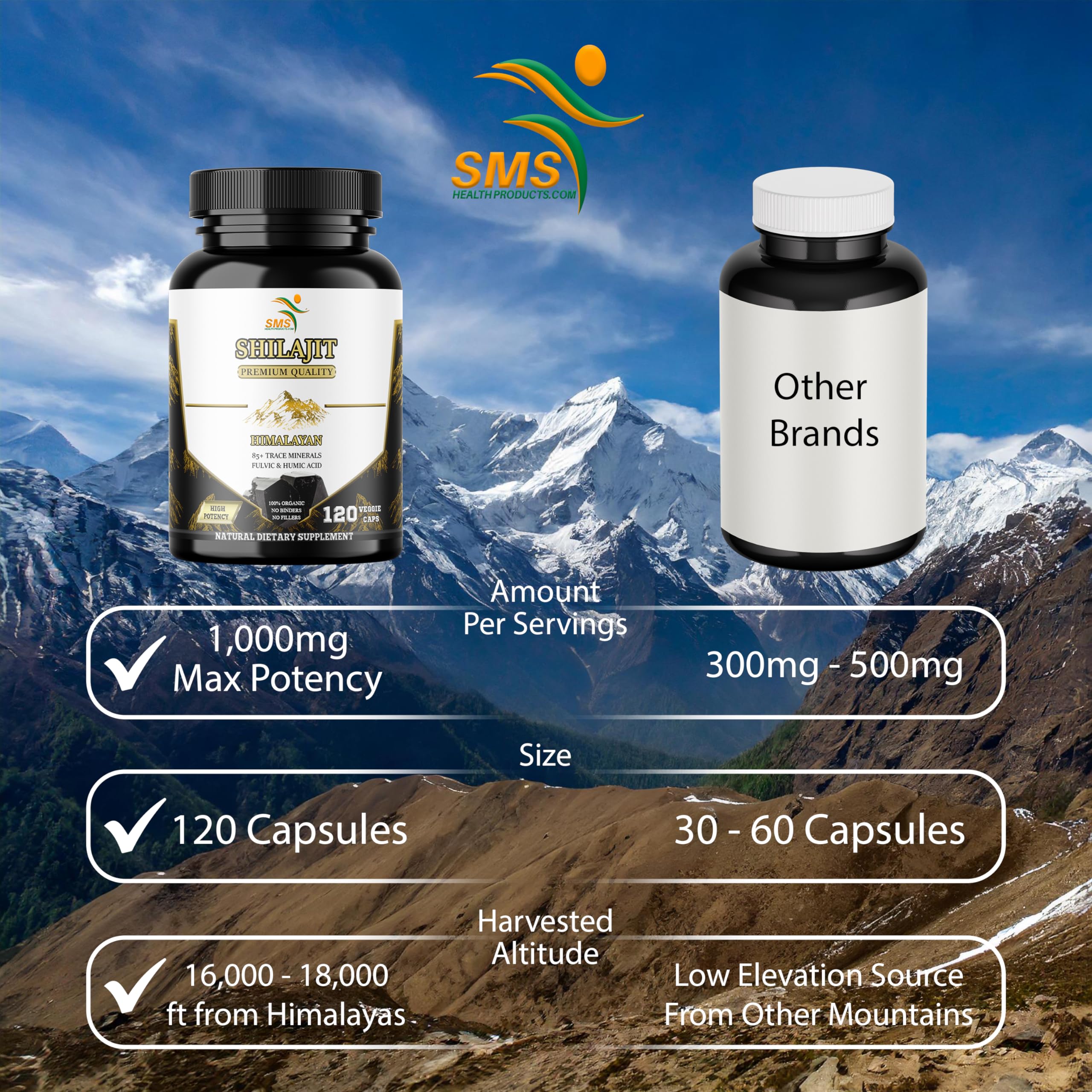 SMSHEALTHPRODUCTS.com Shilajit Capsules side view showing capsule size