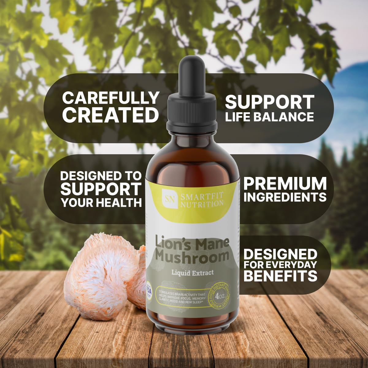 SN SMARTFIT NUTRITION Lions Mane Mushroom Liquid Extract packaging side view