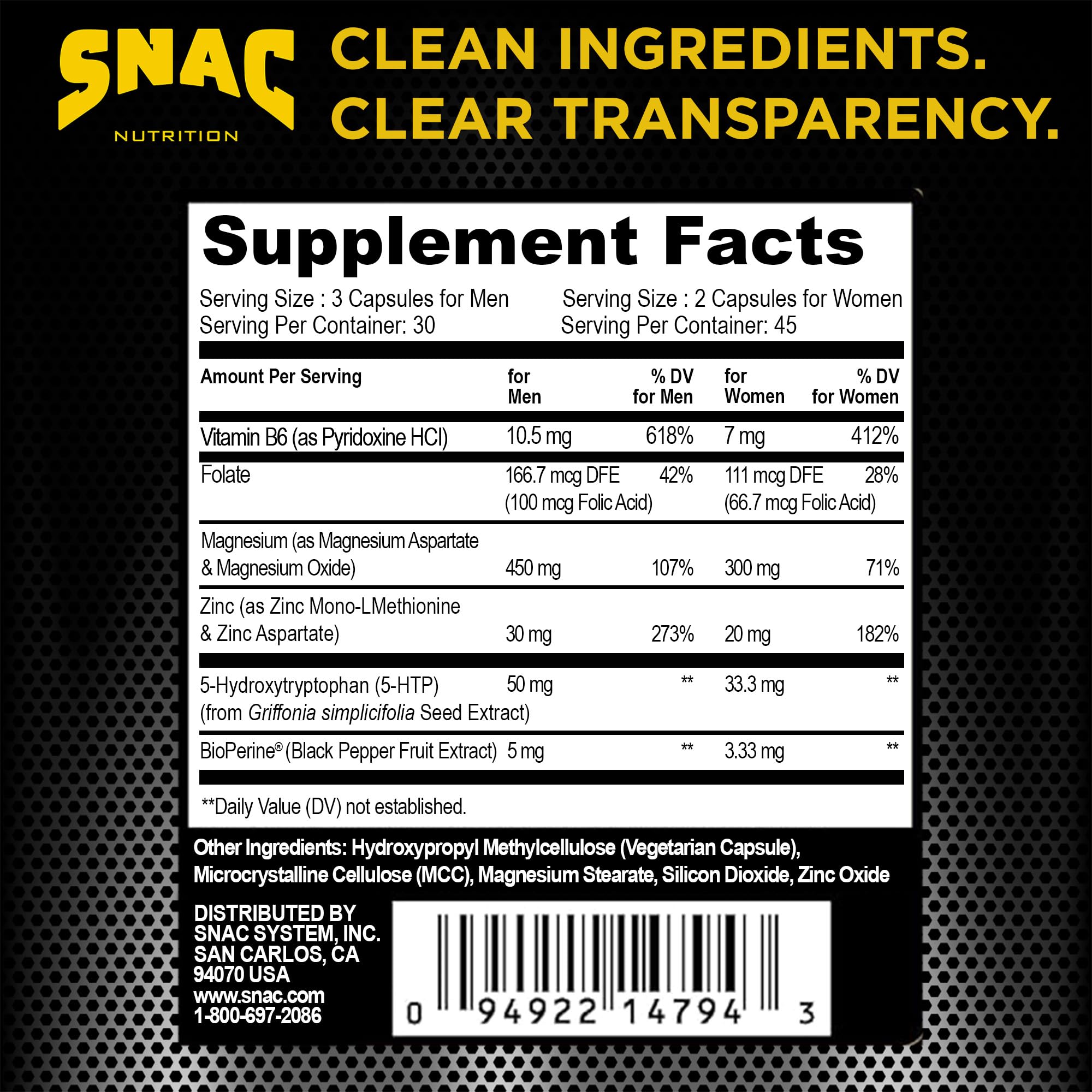 SNAC 5-HTP Daily Supplement bottle side view