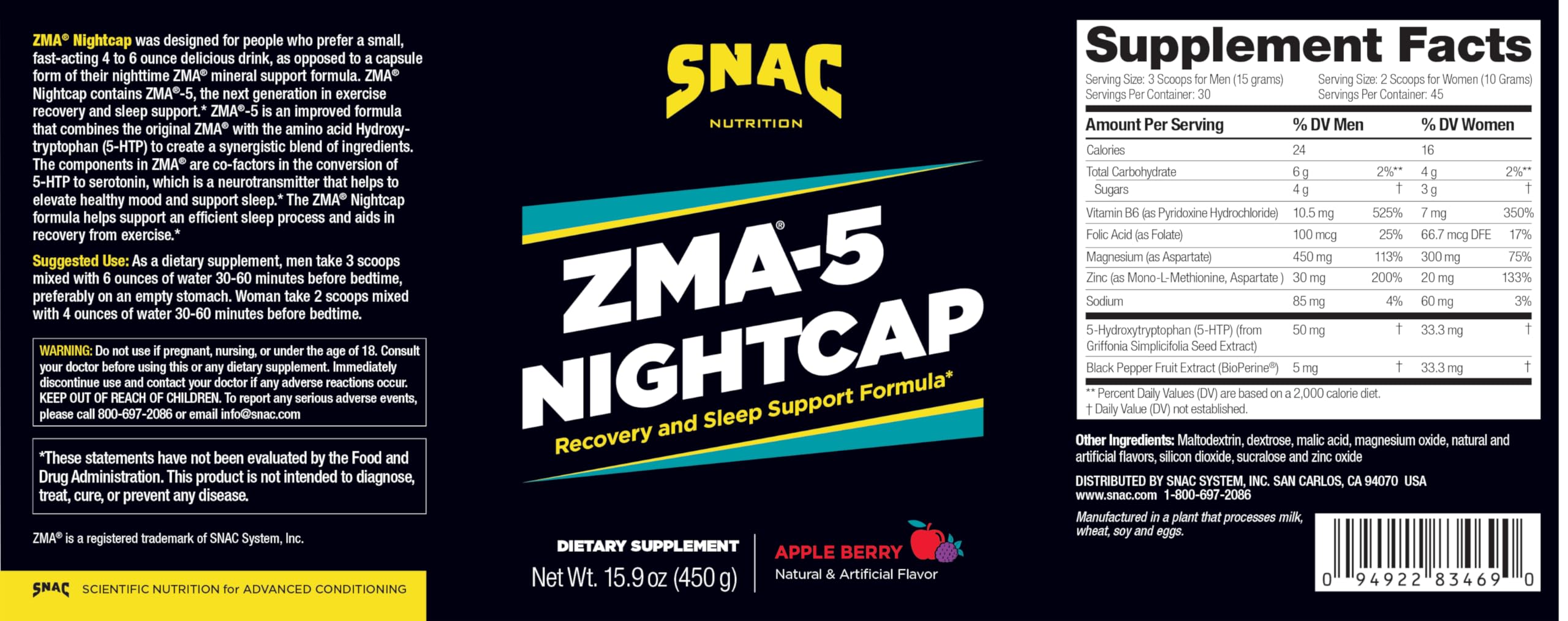 SNAC ZMA-5 Nightcap 540g nutritional information on back