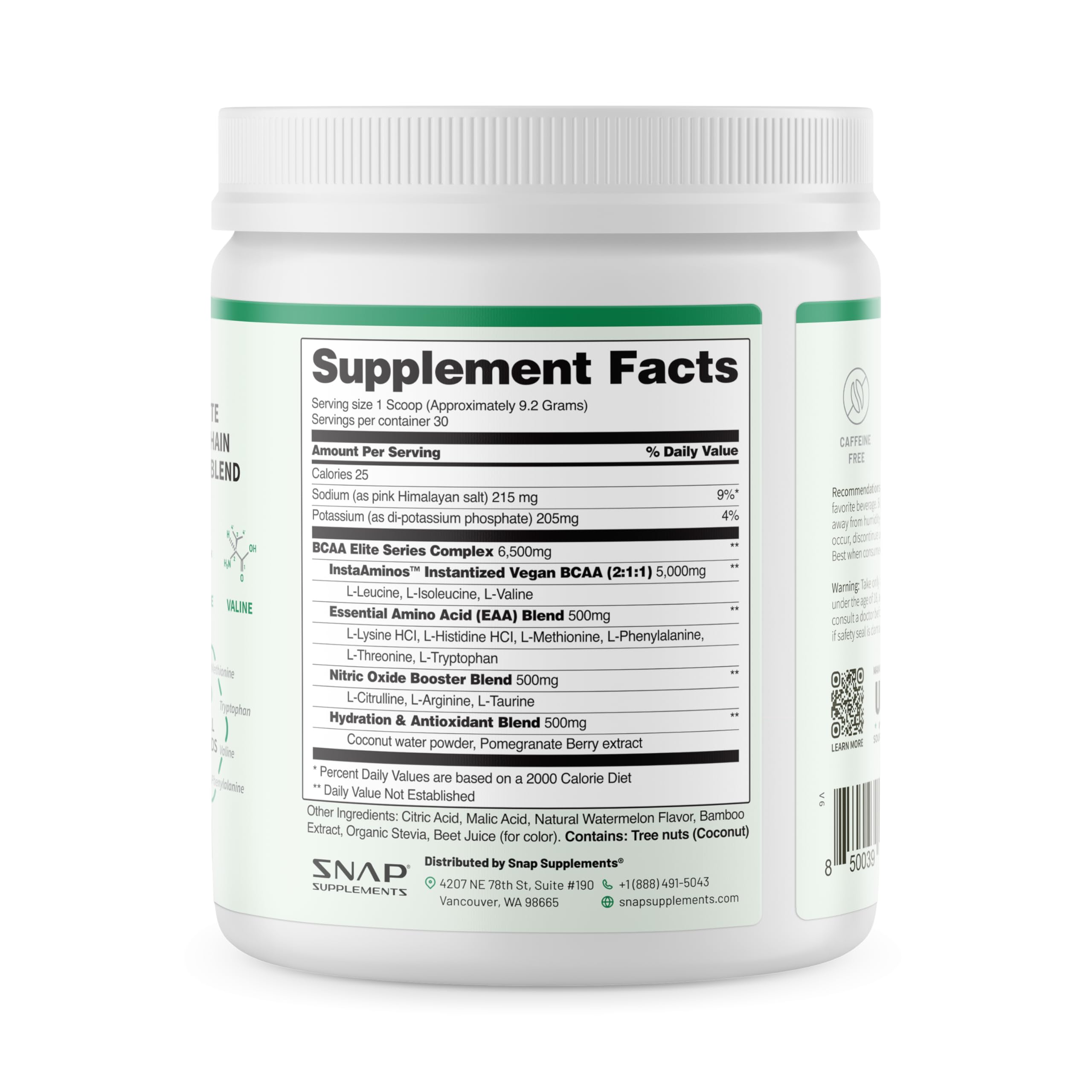 Snap Supplements BCAA Powder 5000mg back view packaging