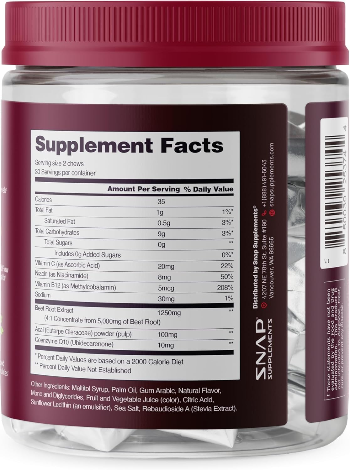 Snap Supplements Heart Beets Soft Chews ingredients list