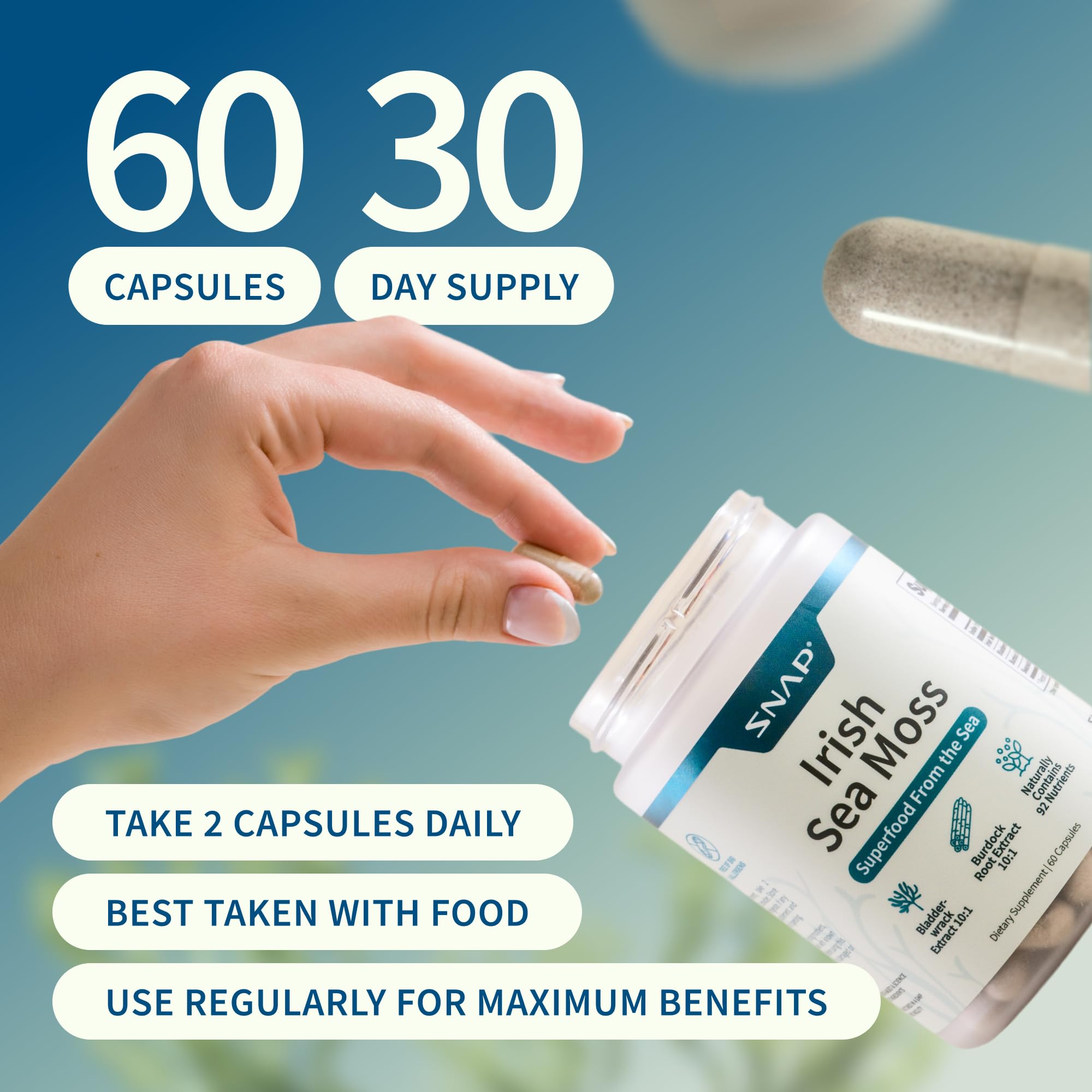 Snap Supplements Irish Sea Moss Capsules 500mg opened bottle