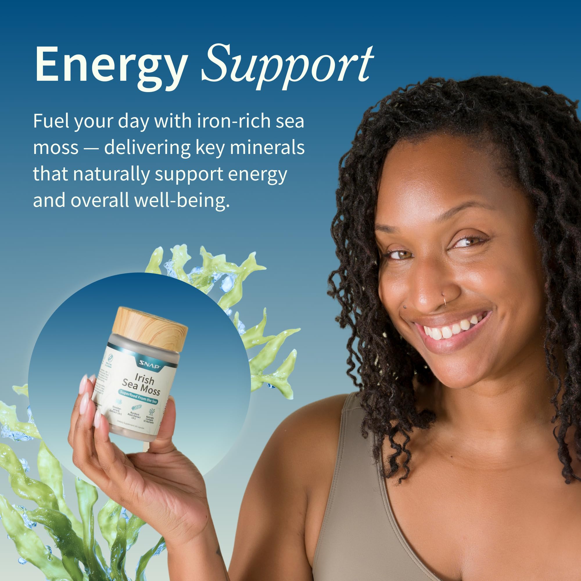 Snap Supplements Irish Sea Moss Capsules 500mg with ingredients