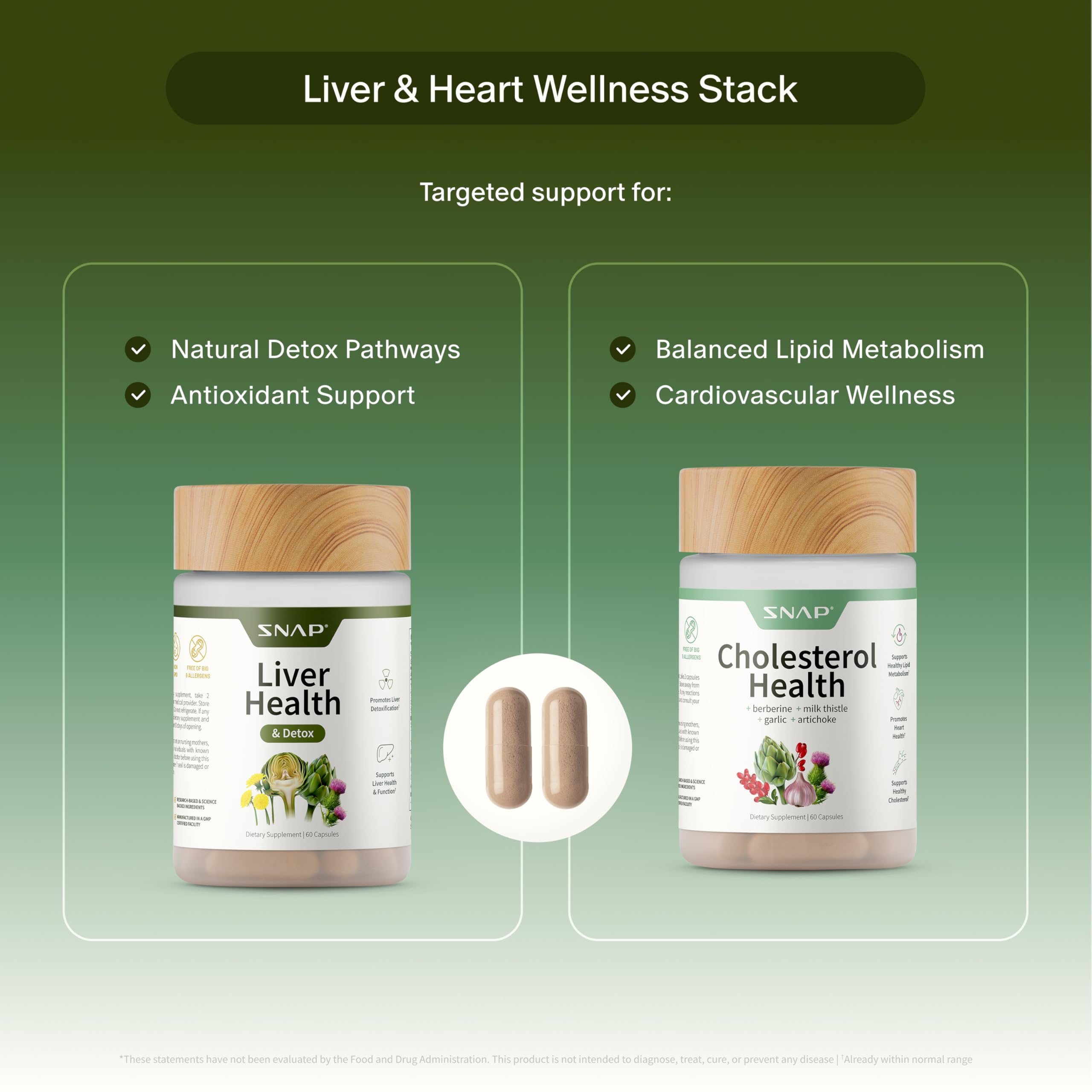 Snap Supplements Liver Health & Cholesterol Support Bundle on a kitchen counter