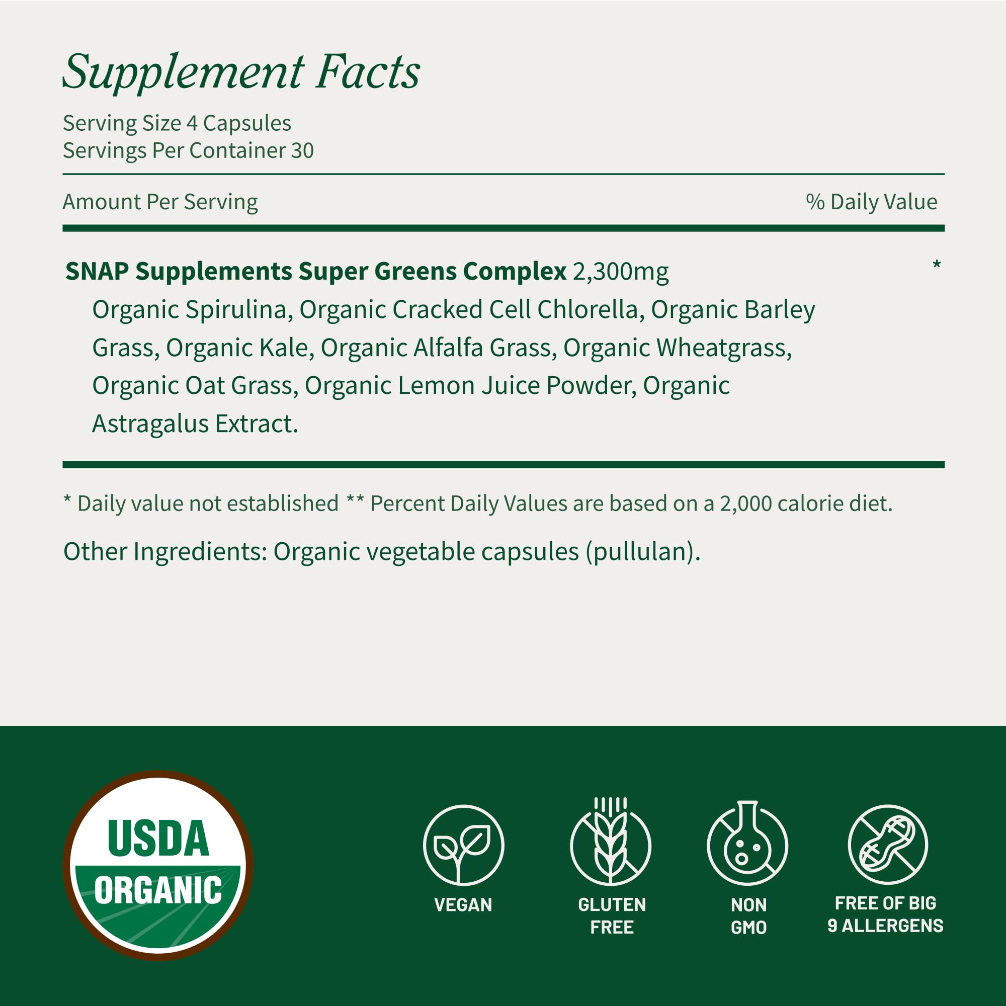 Snap Supplements Organic Spirulina & Chlorella Superfood Blend capsules close-up