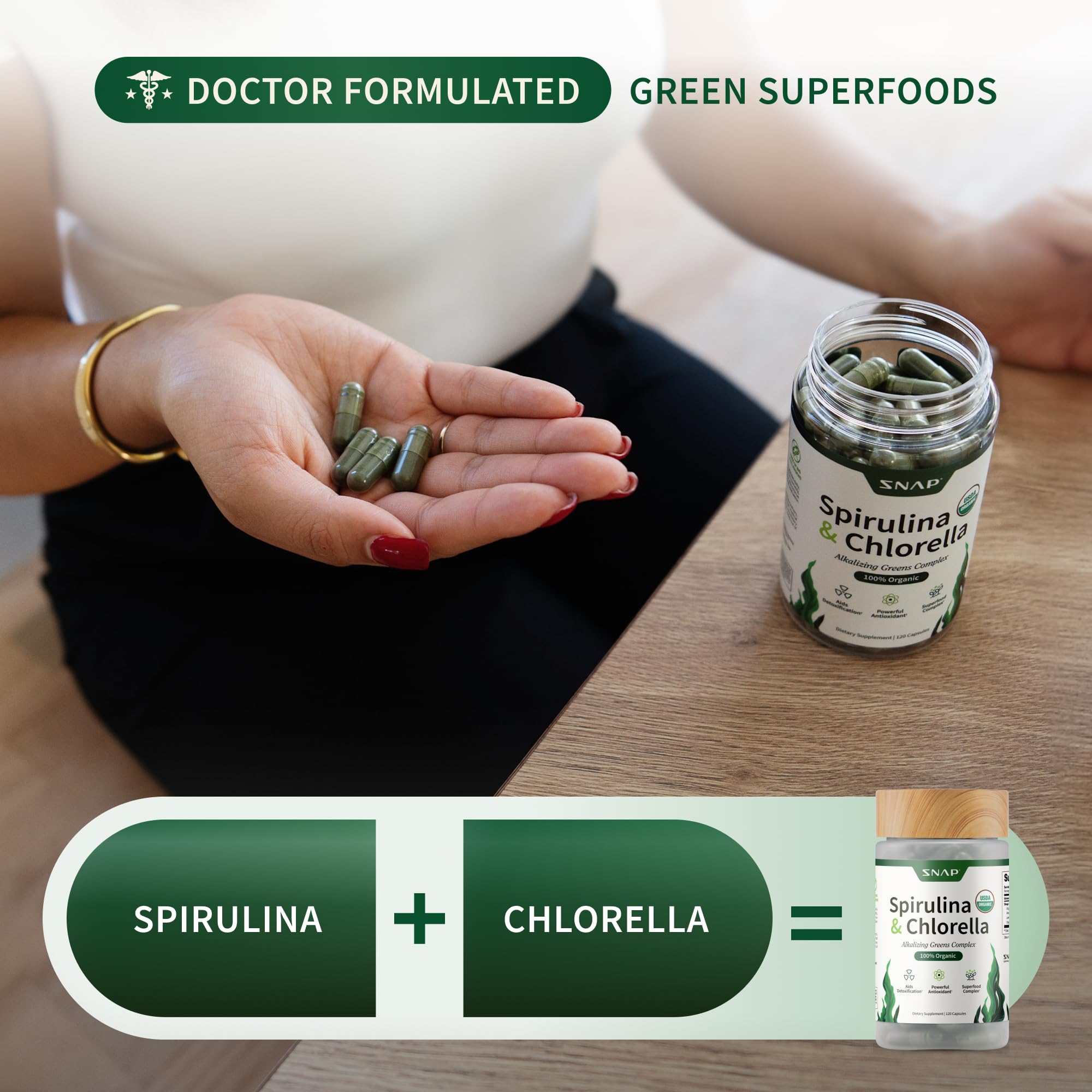 Snap Supplements Organic Spirulina & Chlorella Superfood Blend in a lifestyle setting
