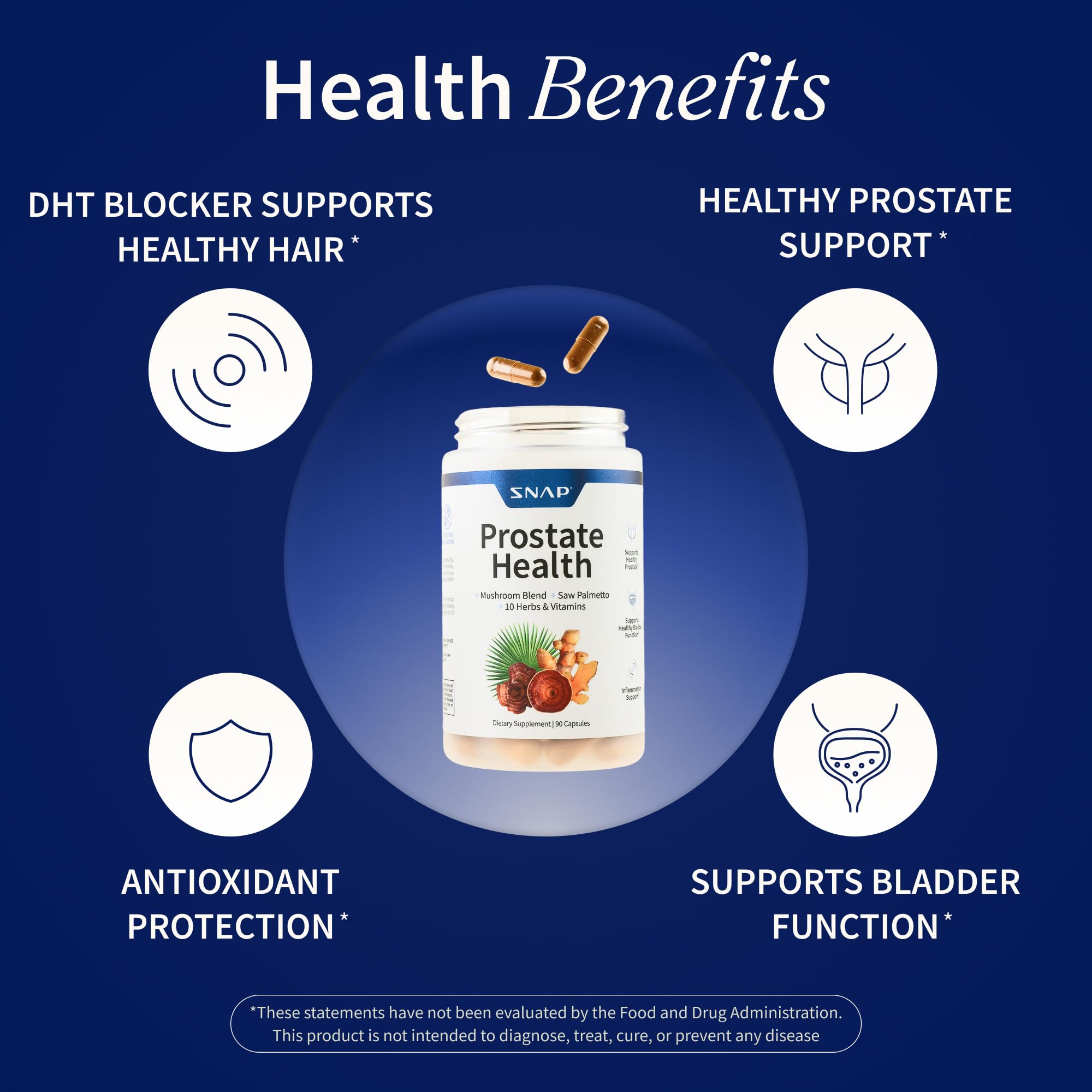 Snap Supplements Prostate Health Supplement 2000mg capsules on a wooden surface