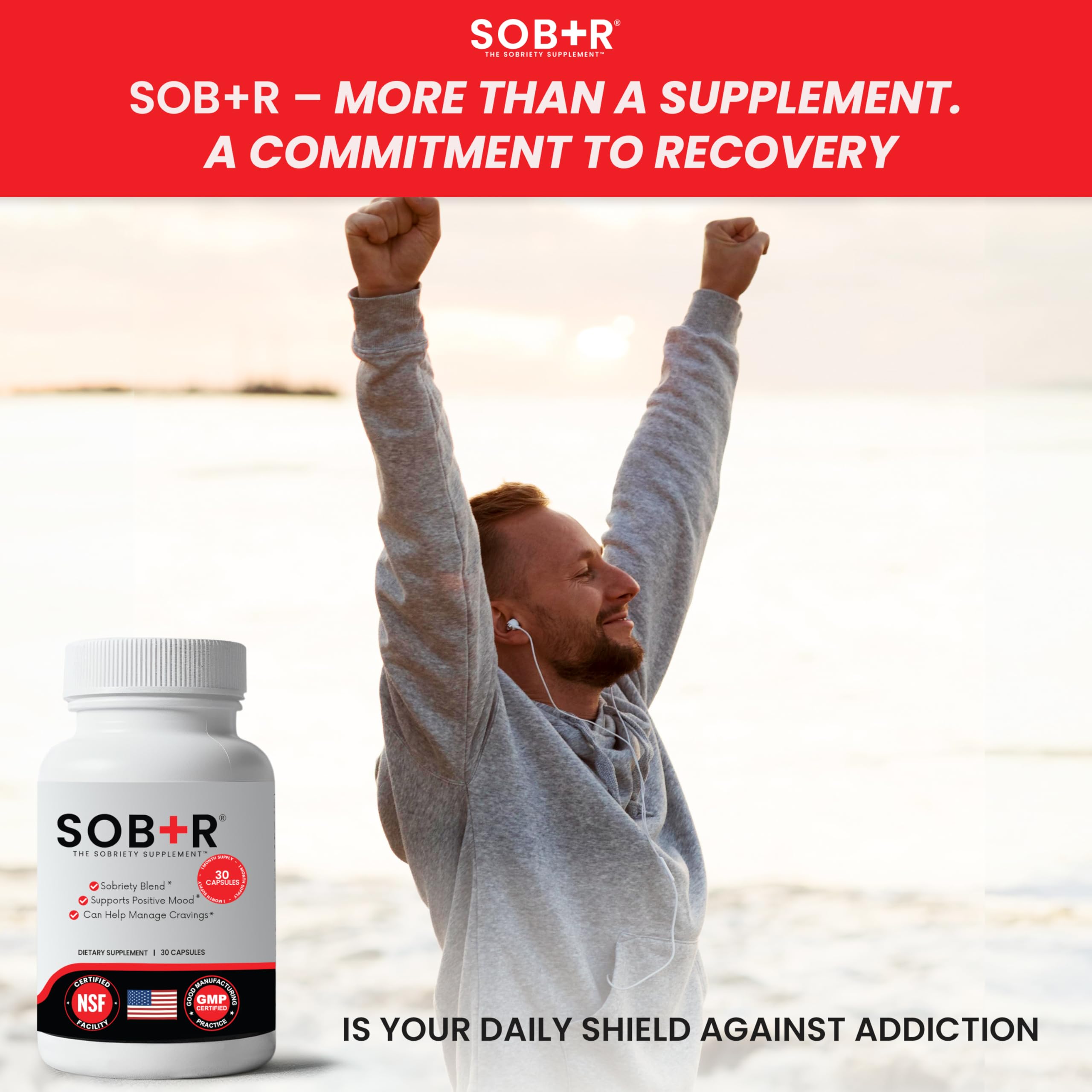 SOB+R Alcohol use Supplement capsules on a wooden table