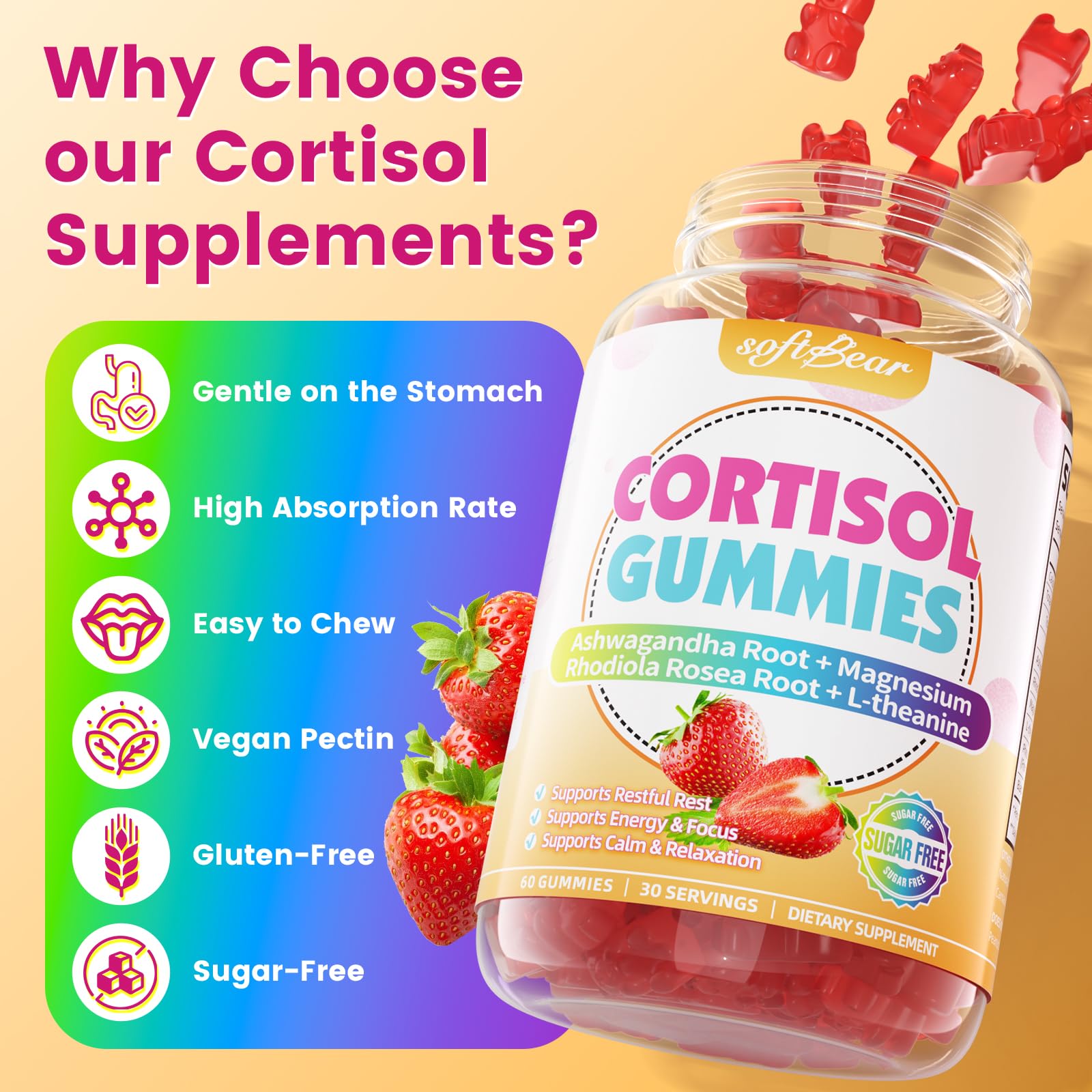 softbear Cortisol Supplements gummies with fresh strawberries