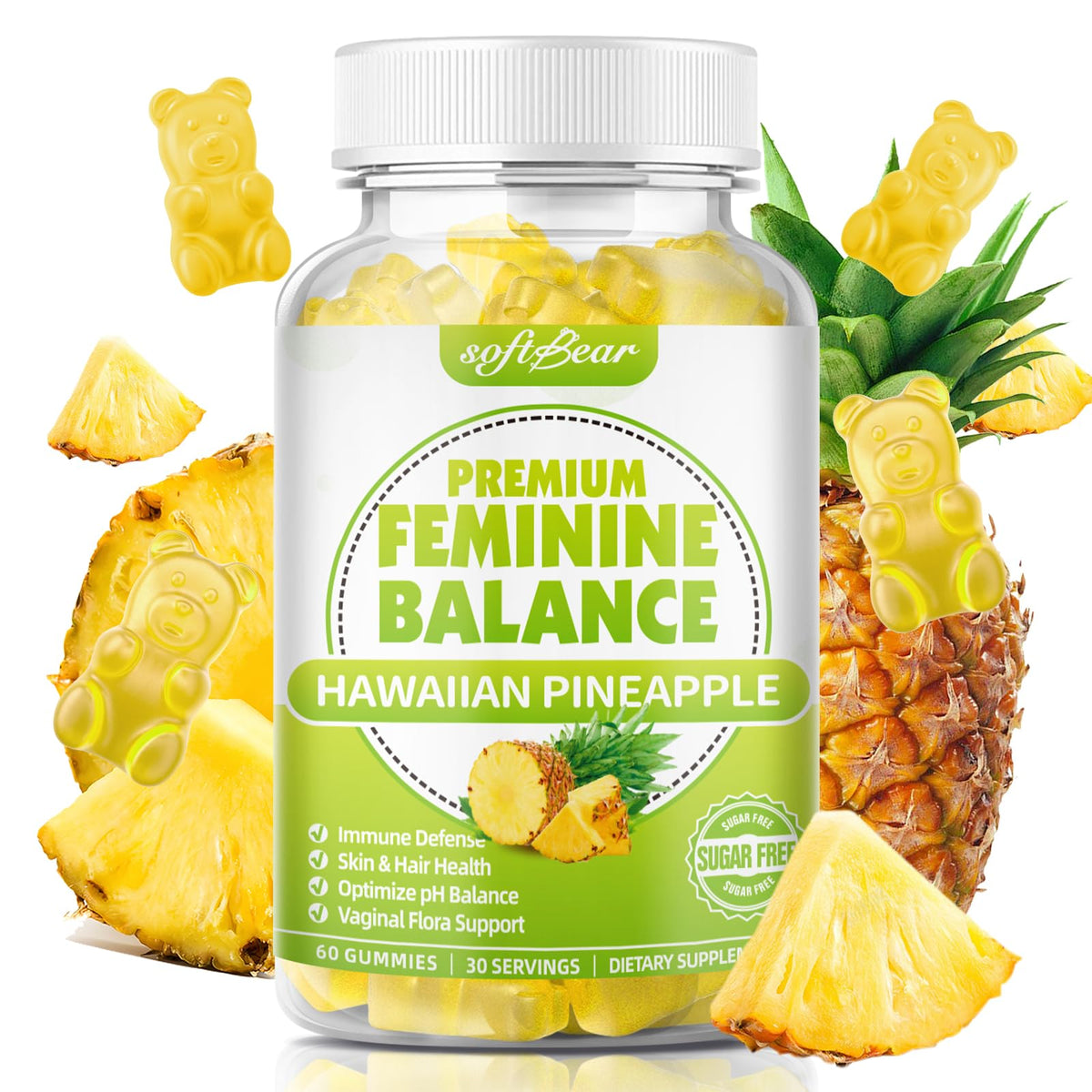 softbear Feminine Balance Gummies front view with pineapple flavour