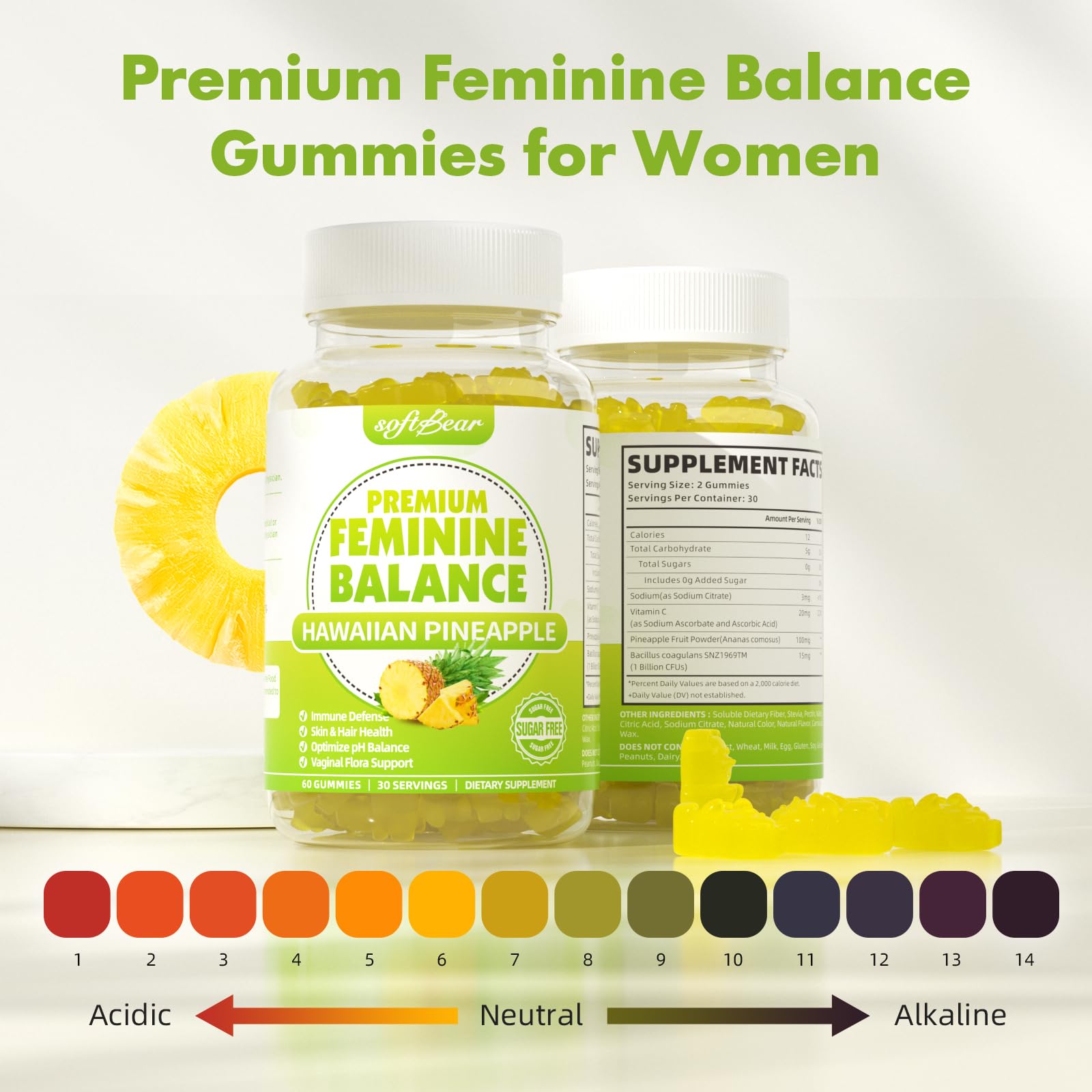 softbear Feminine Balance Gummies lifestyle scene with fresh fruit