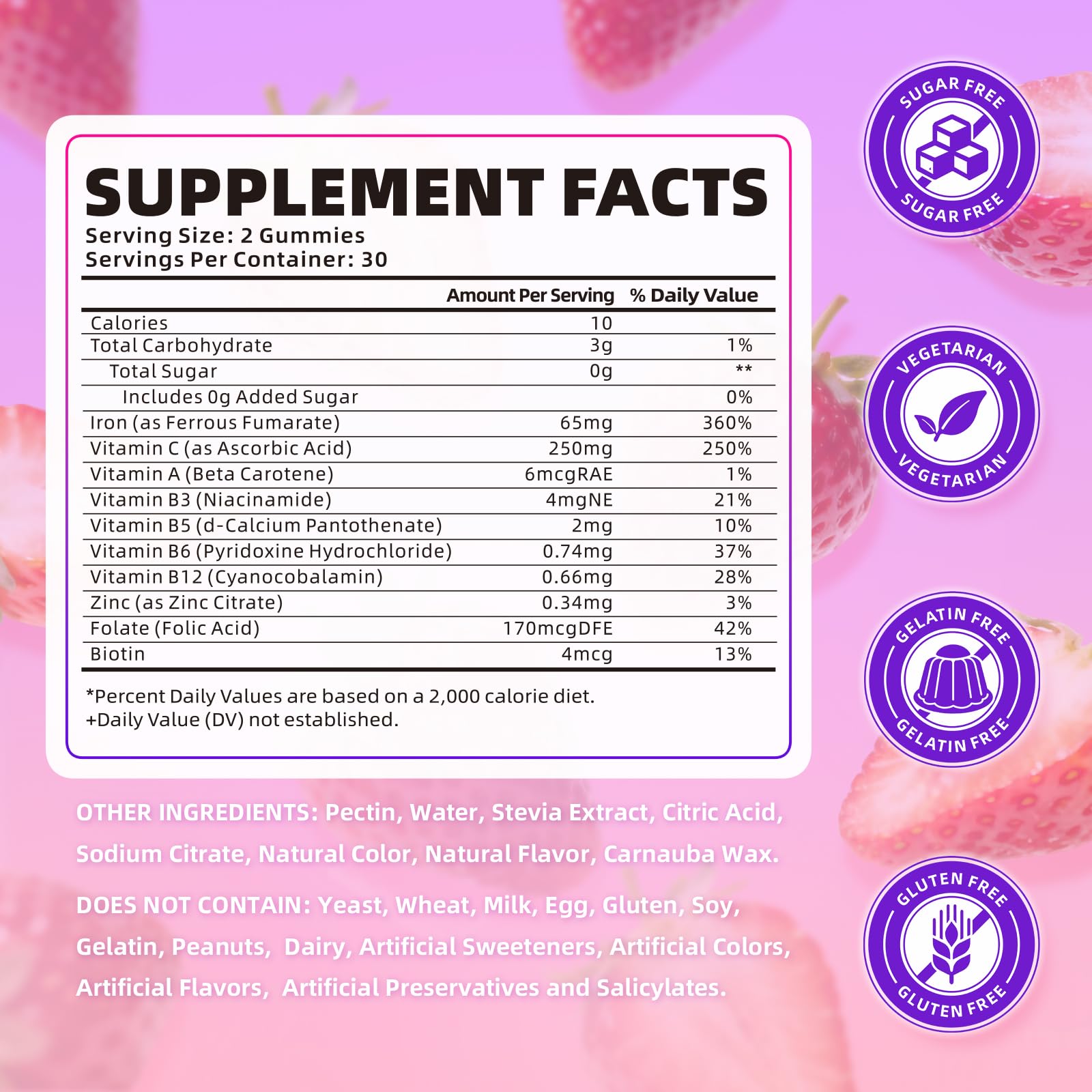 softbear Iron Gummies 65mg back view showing nutritional information