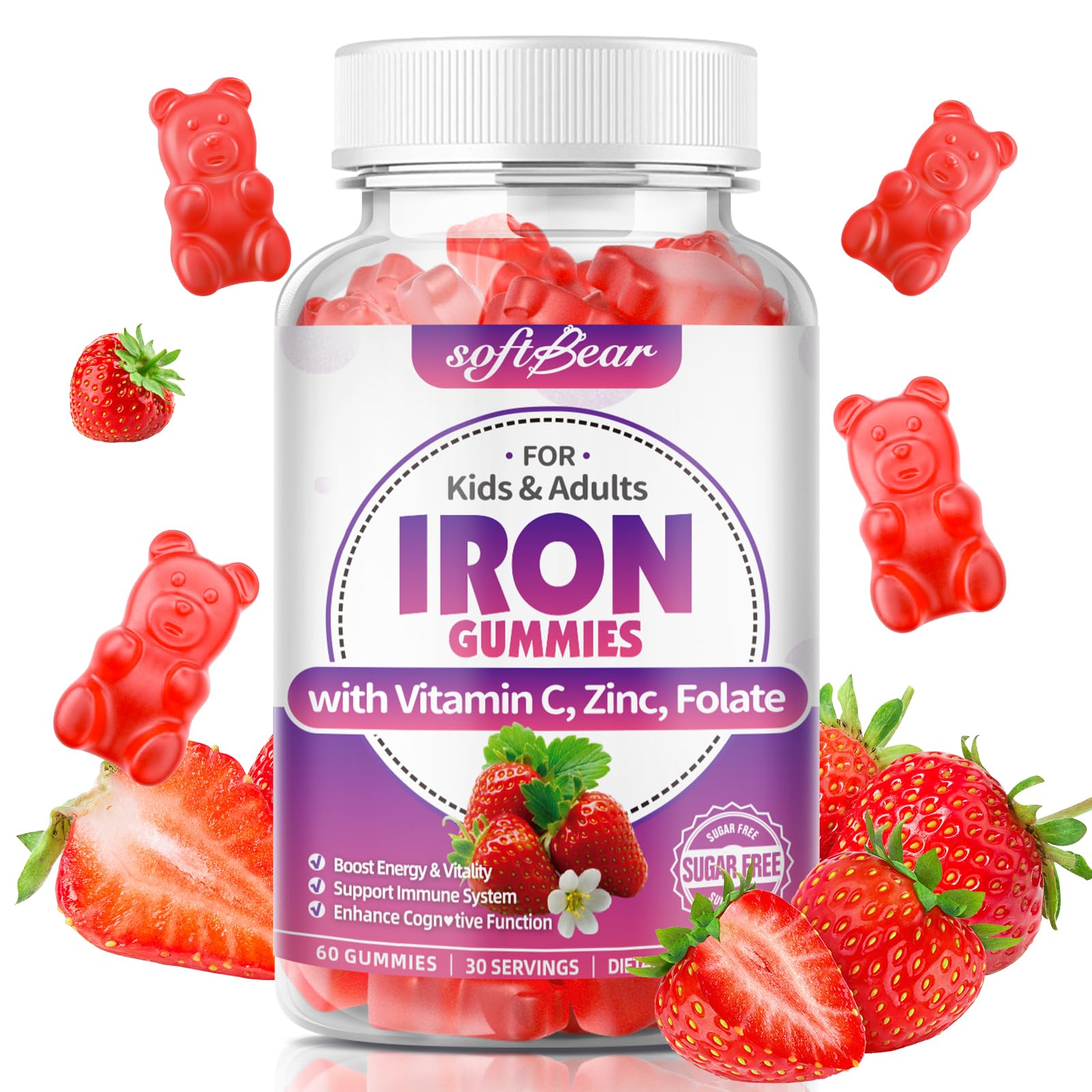 softbear Iron Gummies 65mg front view with packaging
