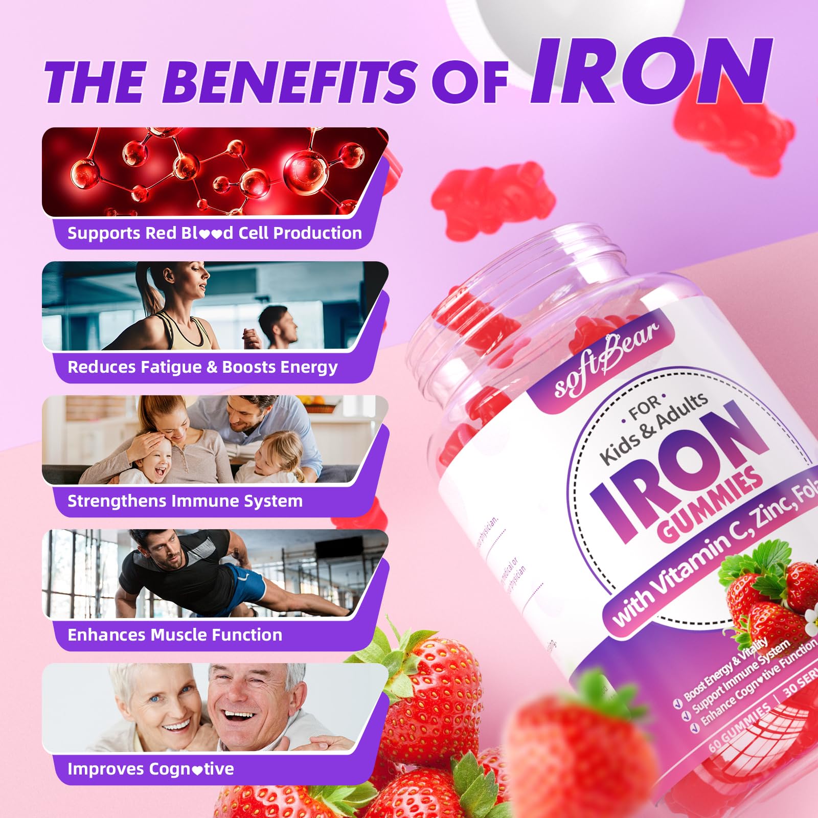 softbear Iron Gummies 65mg open packaging with gummies