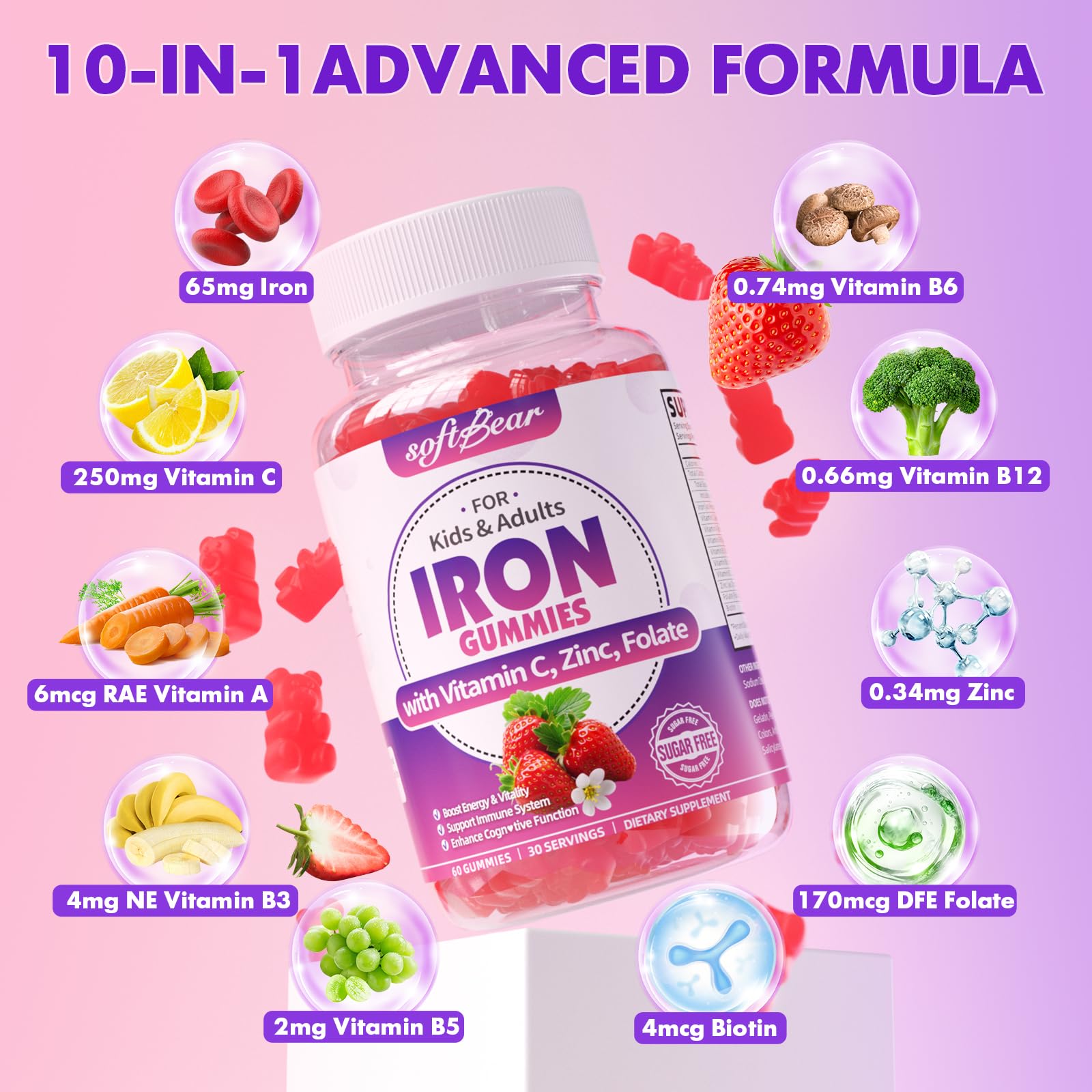 softbear Iron Gummies 65mg side view with gummies displayed