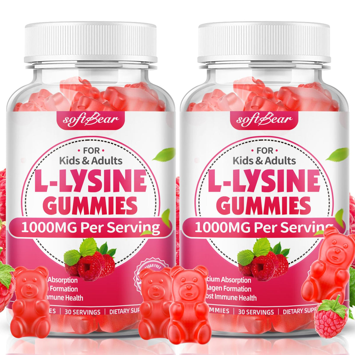 softbear L-Lysine Gummies 1000mg raspberry flavour front view
