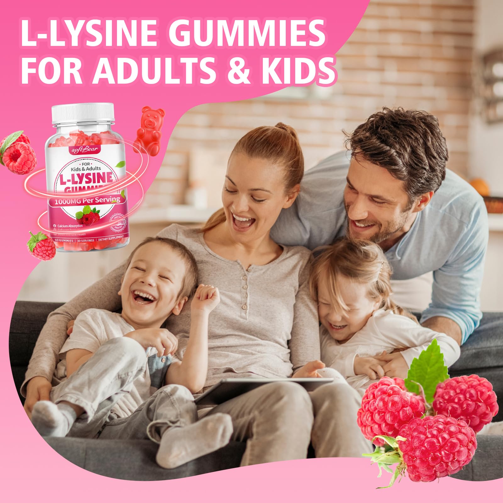 softbear L-Lysine Gummies in a bowl with fresh raspberries