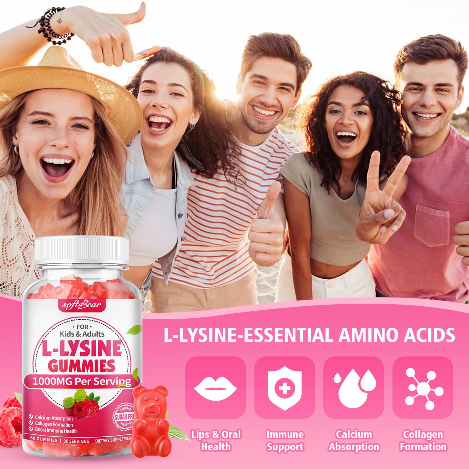 softbear L-Lysine Gummies raspberry flavour close-up