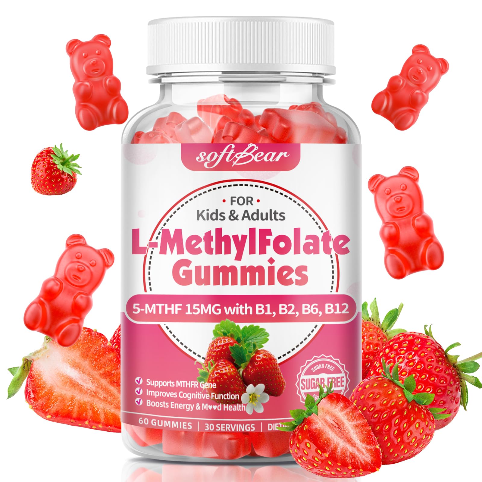 softbear L-Methylfolate Gummies 15mg front view with strawberry flavour