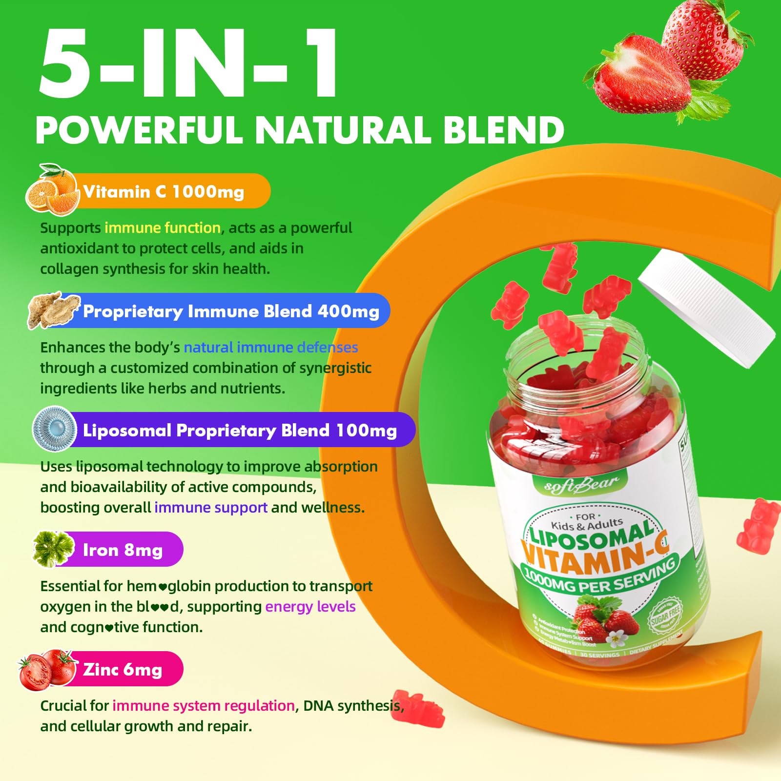 softbear Liposomal Vitamin C Gummies 1000mg gummies on a table