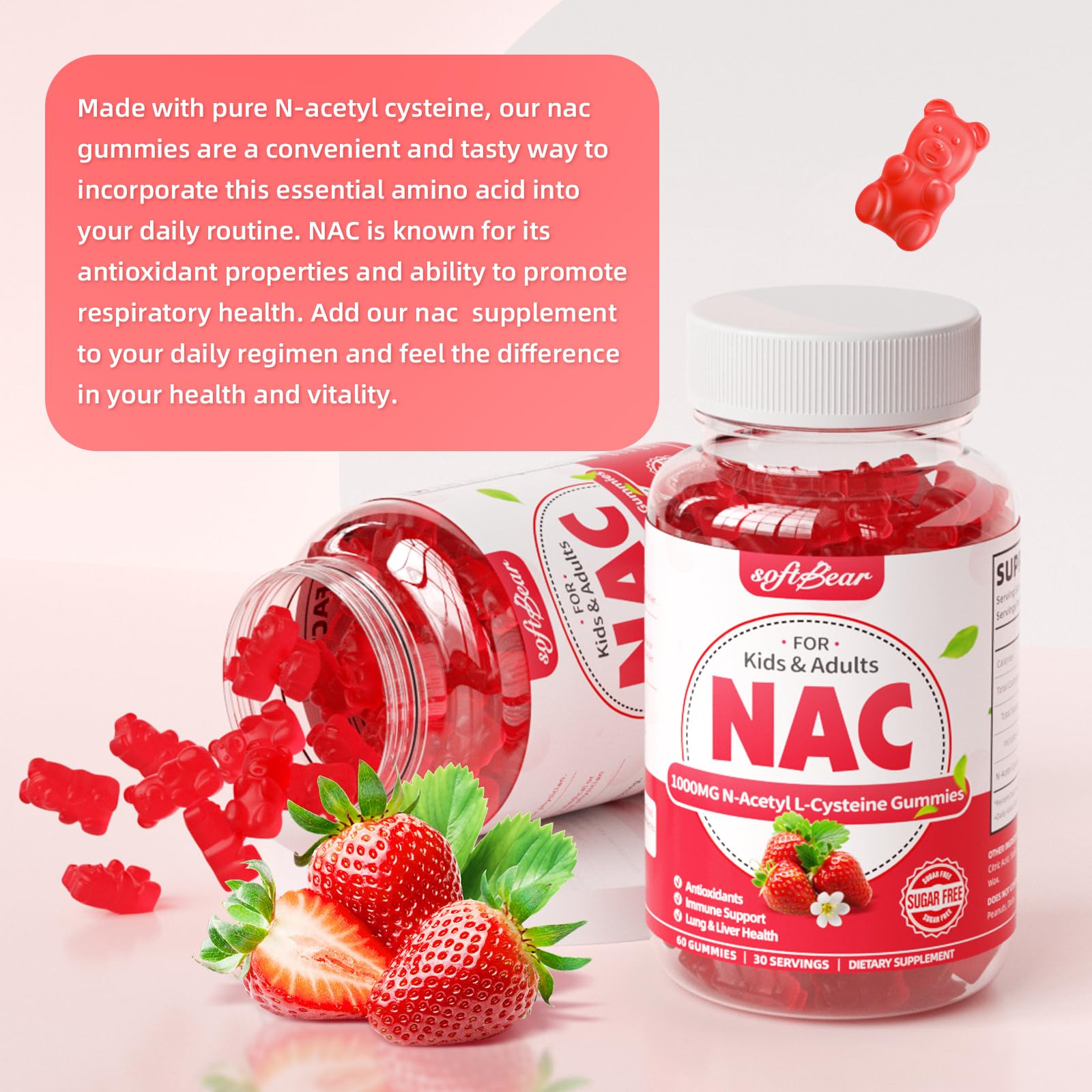 softbear NAC Gummies 1000mg strawberry flavour side view