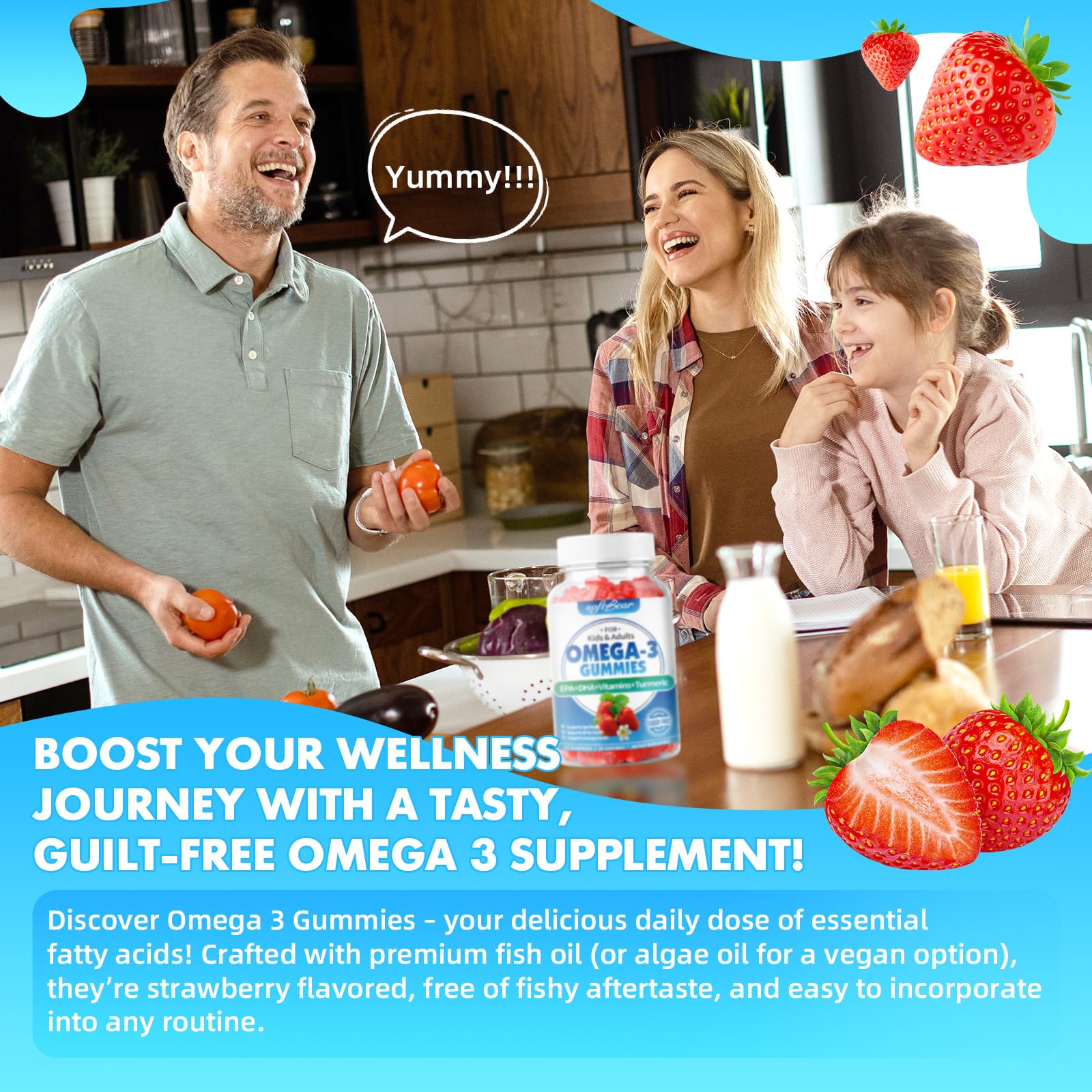 softbear Omega 3 Gummies 1200mg packaging on a kitchen counter