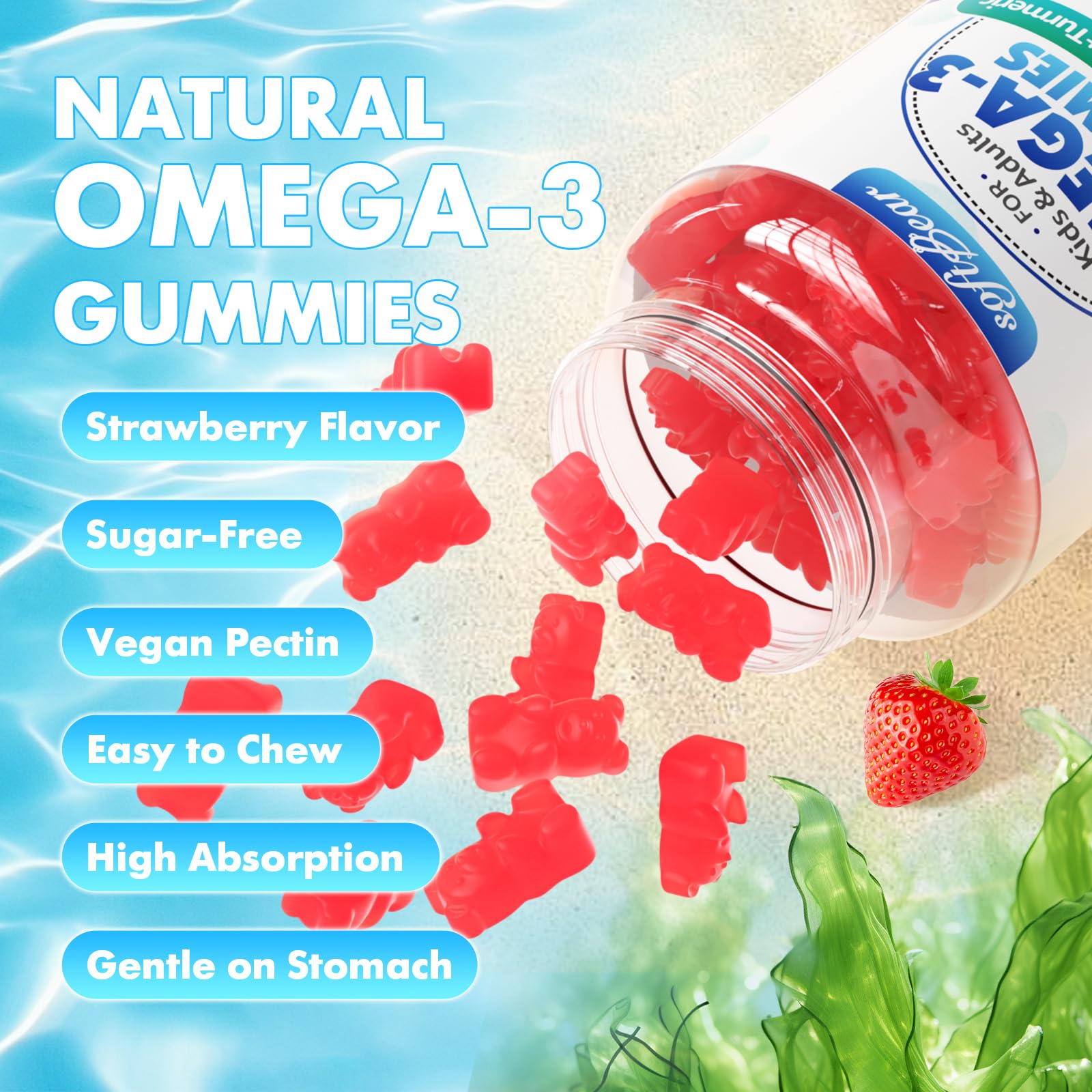 softbear Omega-3 Gummies with fresh strawberries