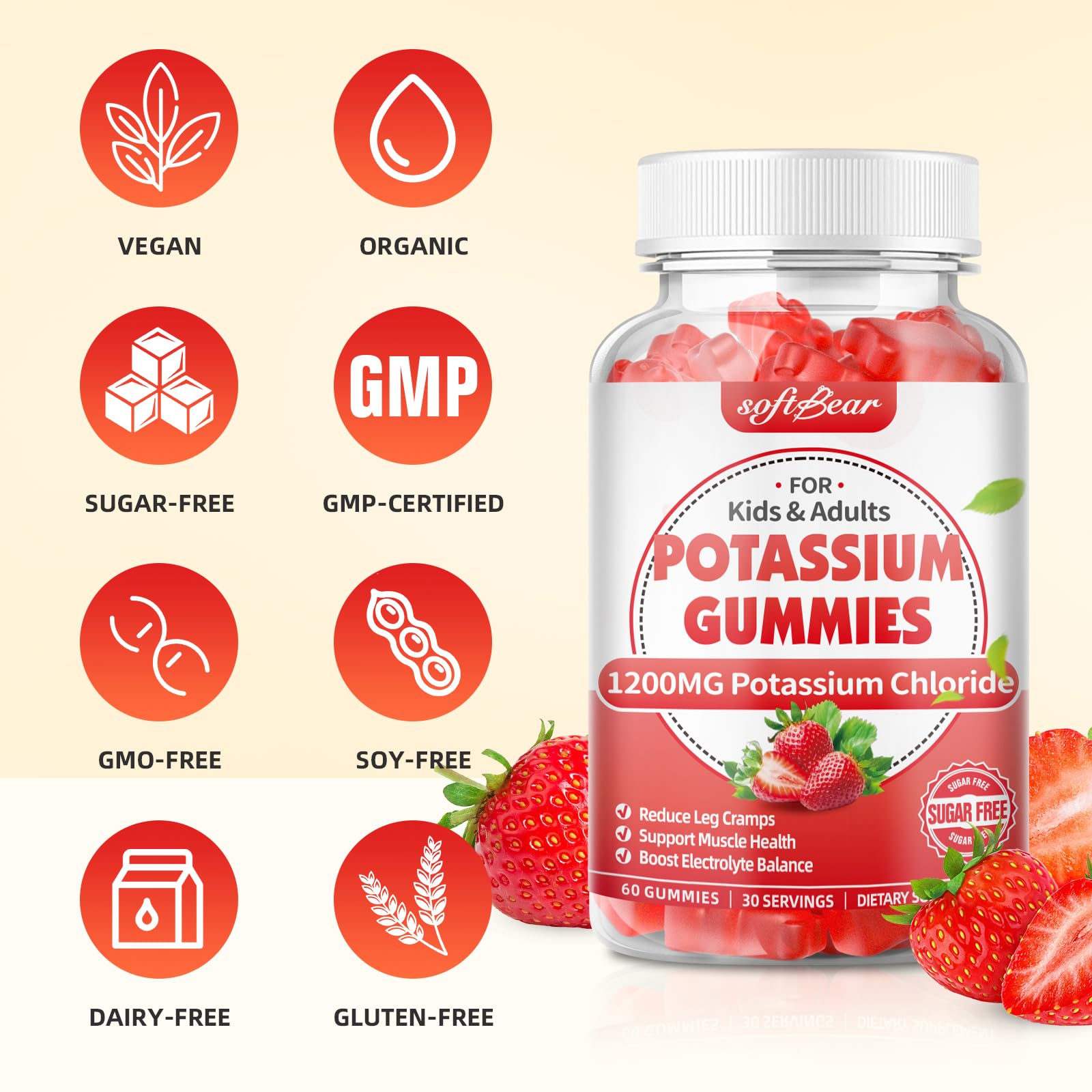 softbear Potassium Gummies 1200mg with natural strawberry flavour