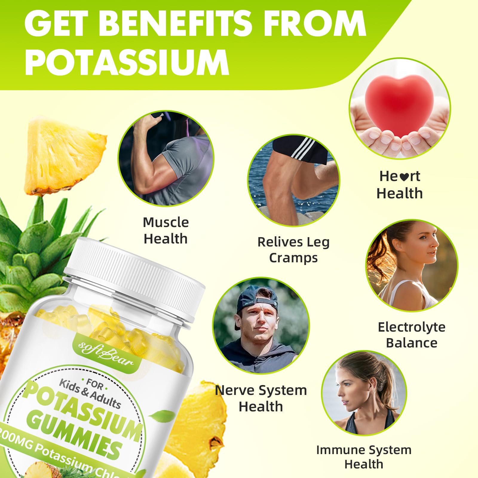 softbear Potassium Gummies in a bowl with fresh pineapples