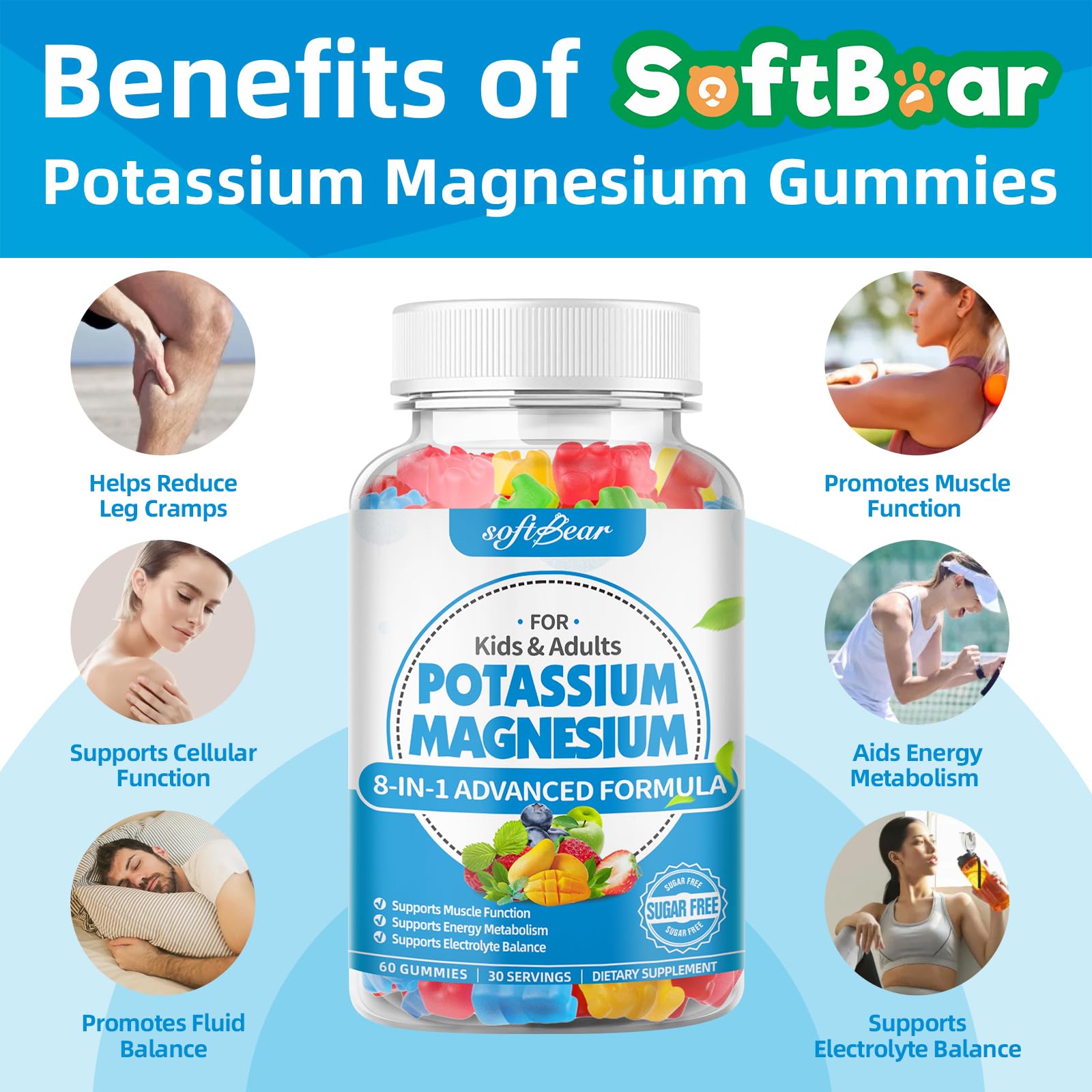 softbear Potassium Magnesium Gummies displayed on a wooden table