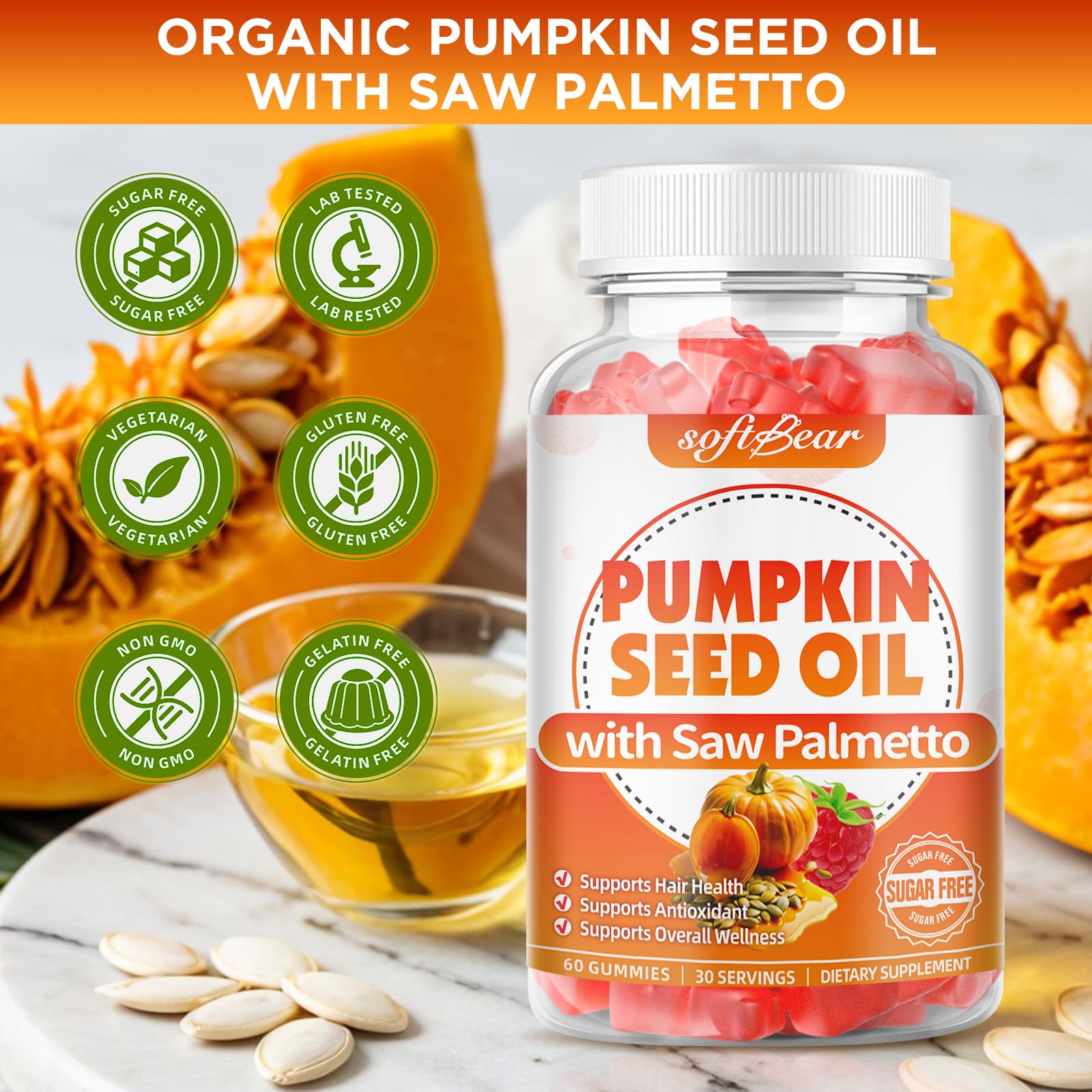 softbear Pumpkin Seed Oil gummies displayed with healthy snacks