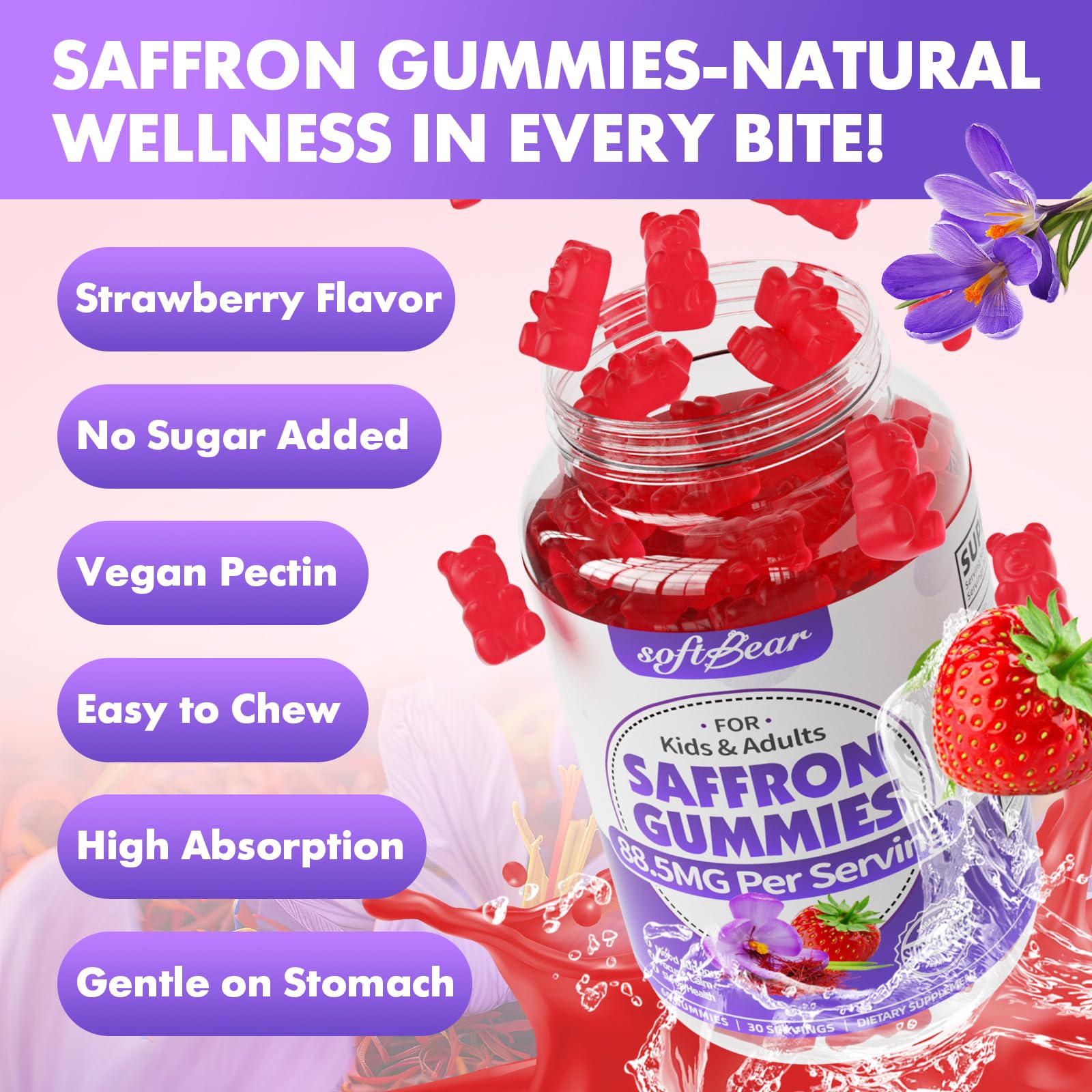 softbear Saffron Gummies displayed with other herbal supplements