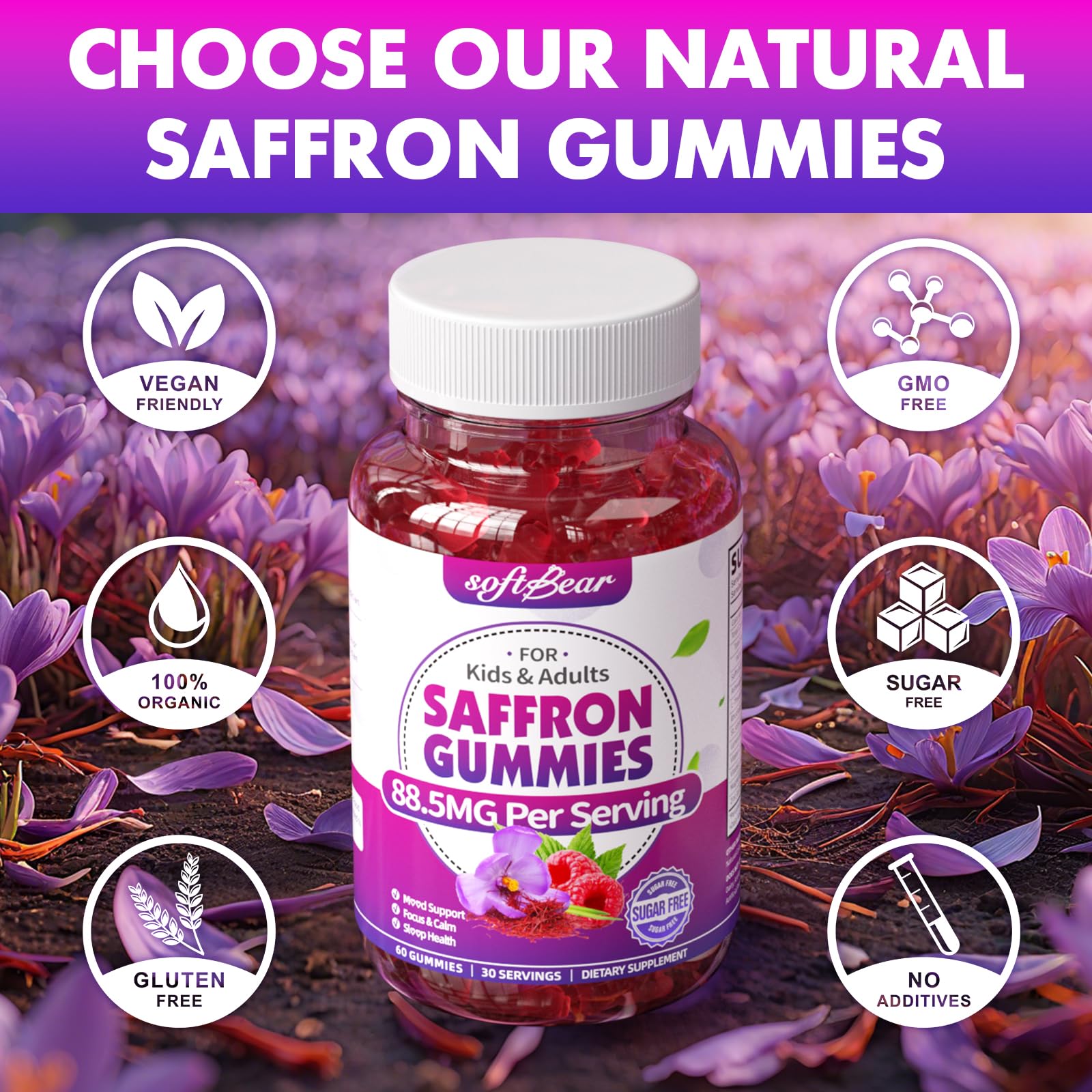 softbear Saffron Gummies with fresh raspberries