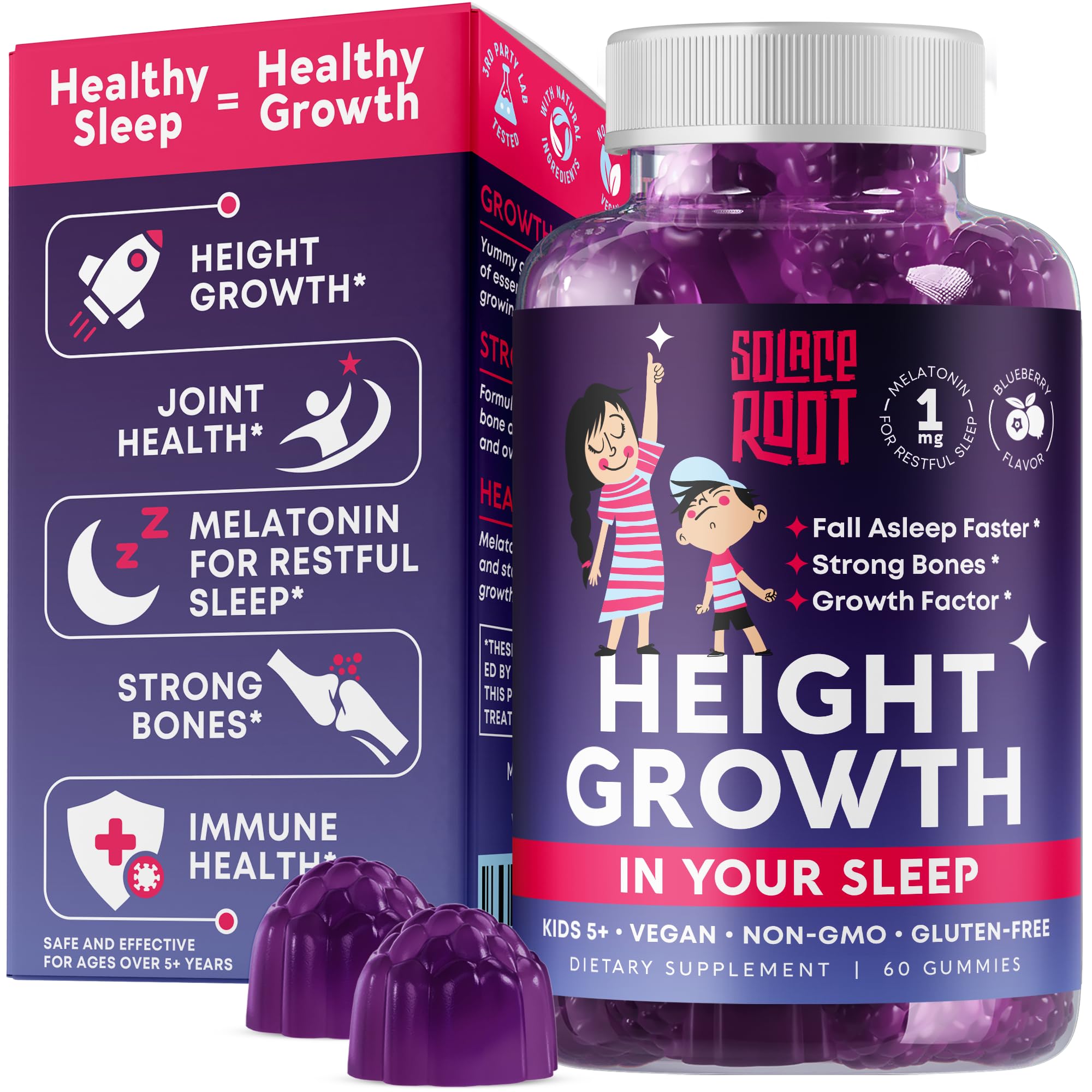 SOLACEROOT Height Growth Gummies front view with packaging