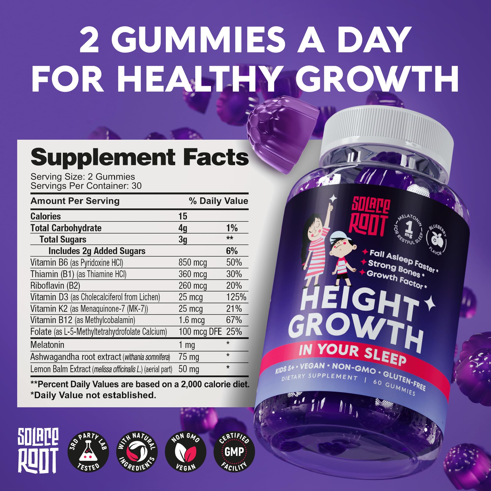 SOLACEROOT Height Growth Gummies showing the back of the bottle
