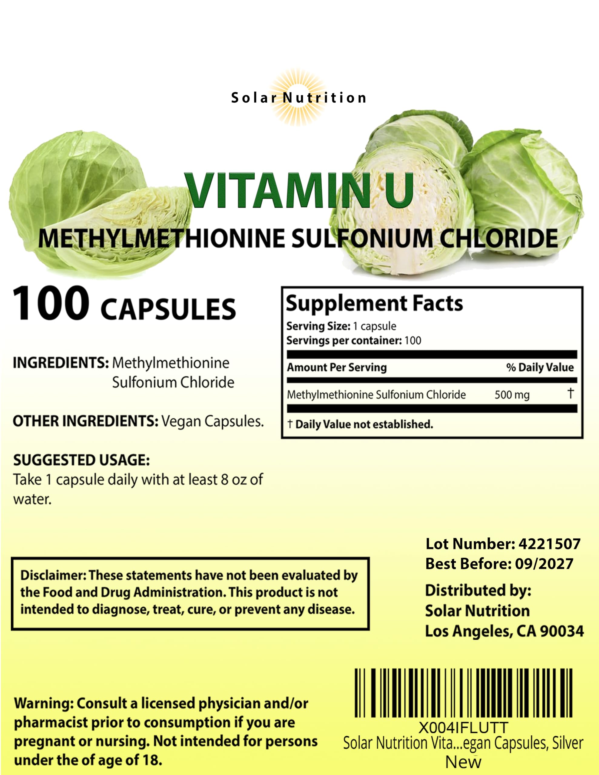 Solar Nutrition B-Complex Vitamin U Supplement side view