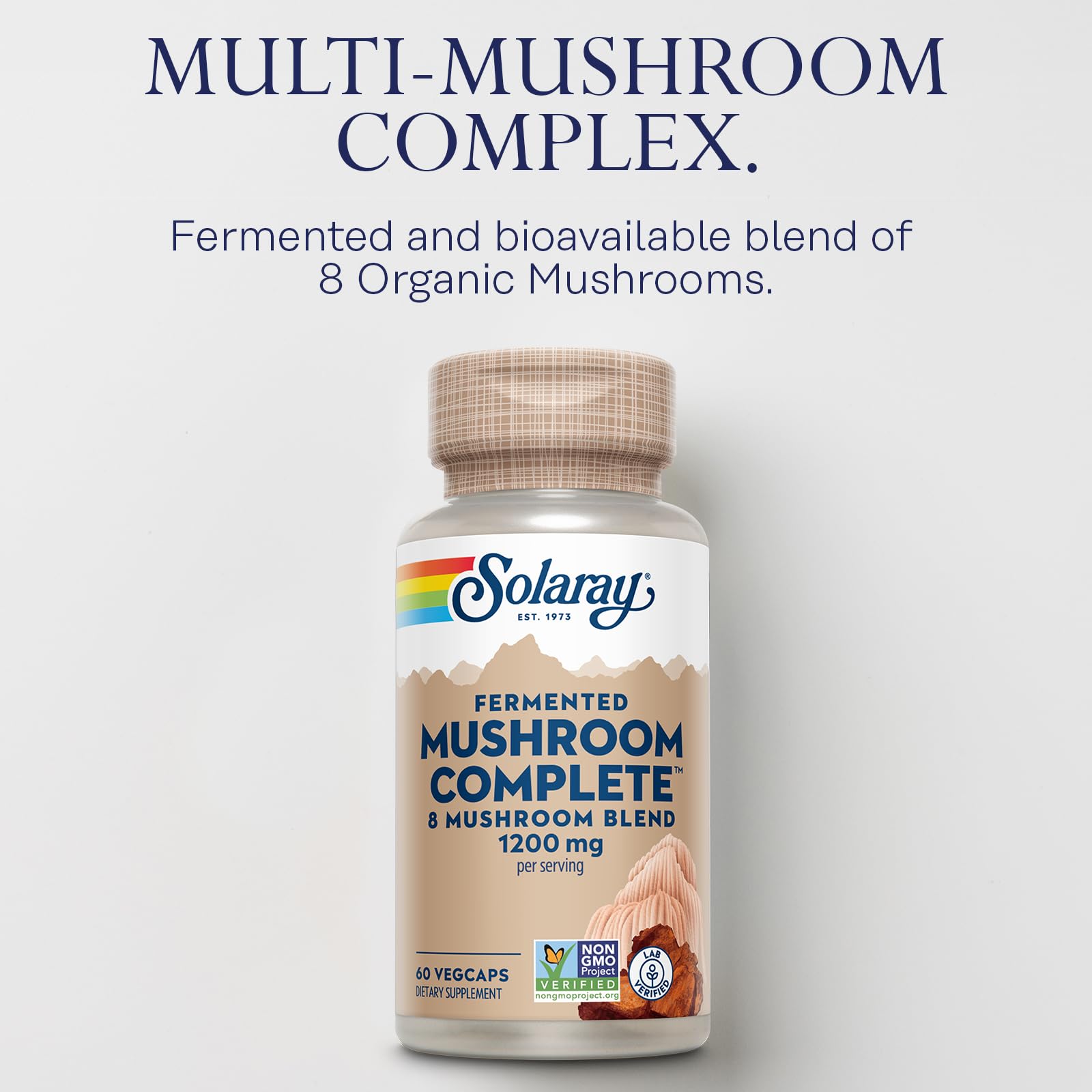 SOLARAY 8 Mushroom Complex Capsules on a wooden table