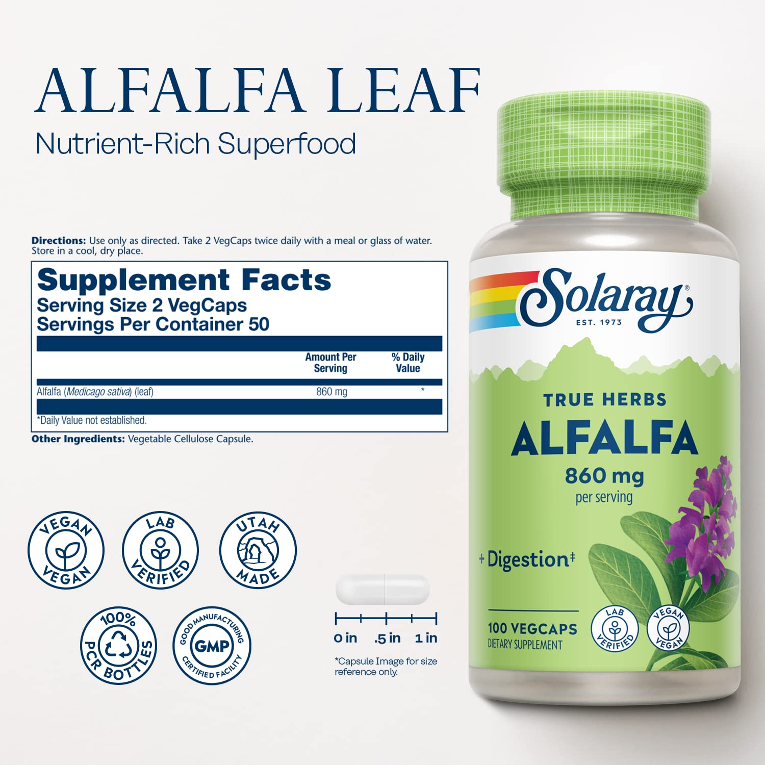 SOLARAY Alfalfa Leaf Supplement 860mg side view