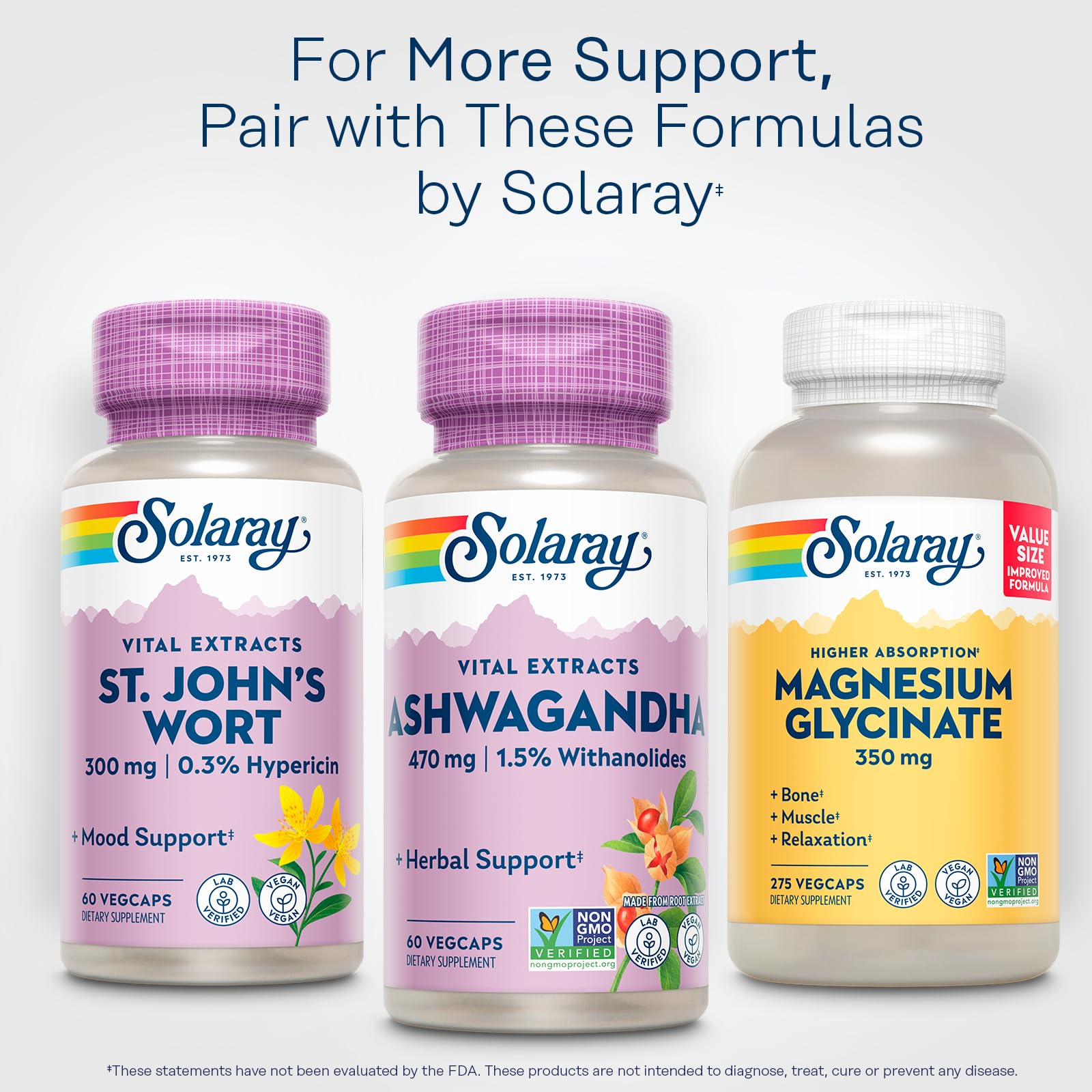 SOLARAY Ashwagandha Capsules 470mg displayed with nature background
