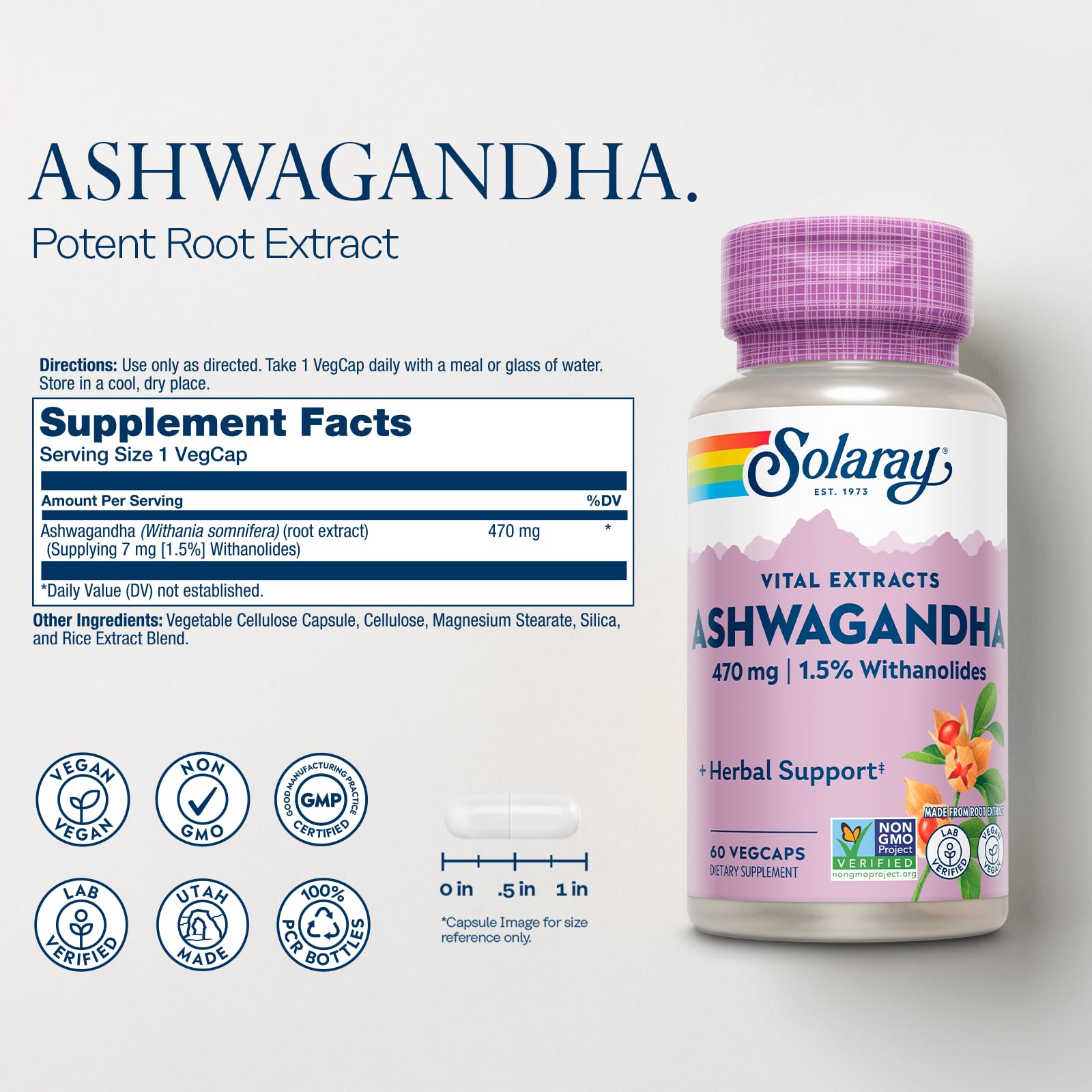 SOLARAY Ashwagandha Capsules 470mg side view