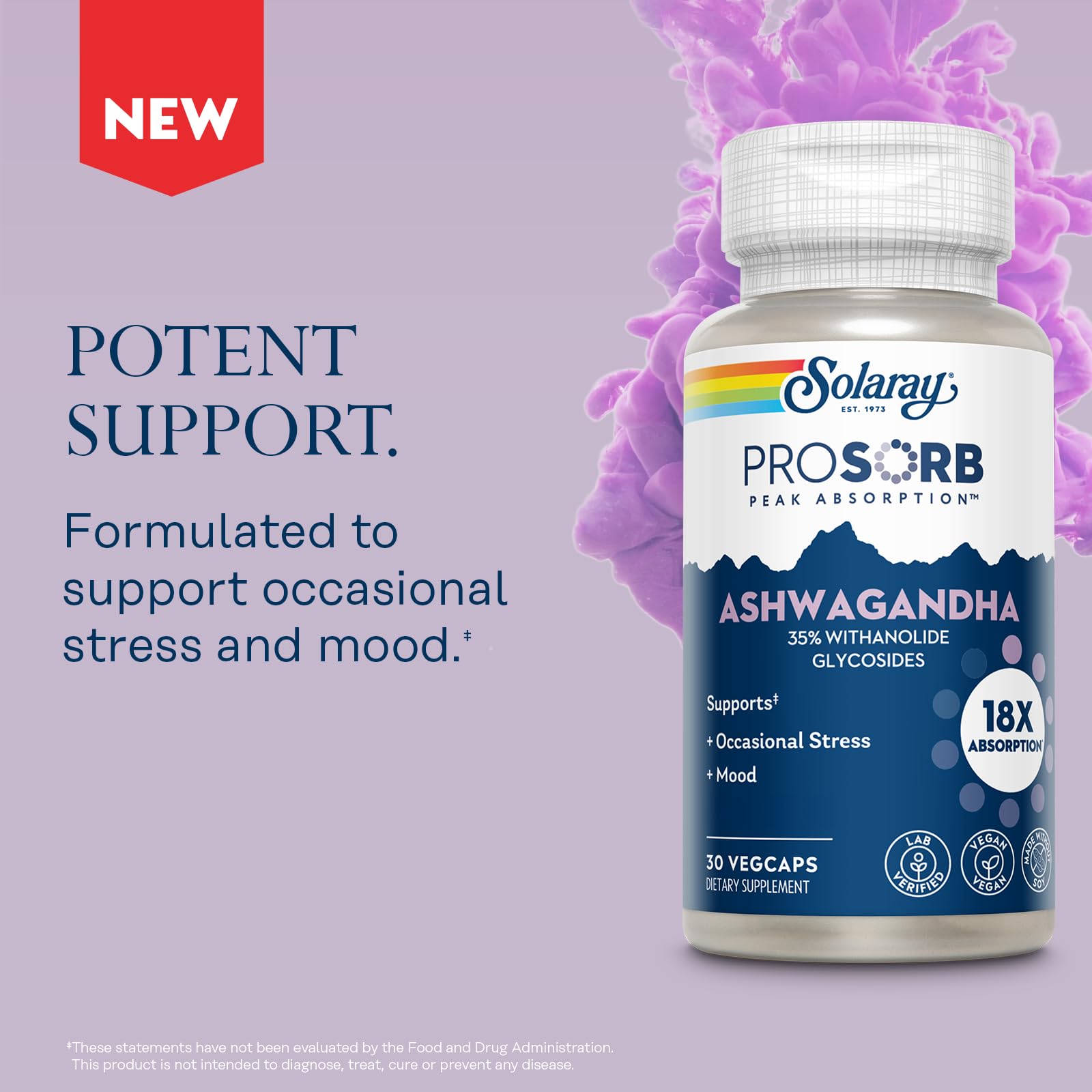 SOLARAY Ashwagandha Capsules back view with ingredients