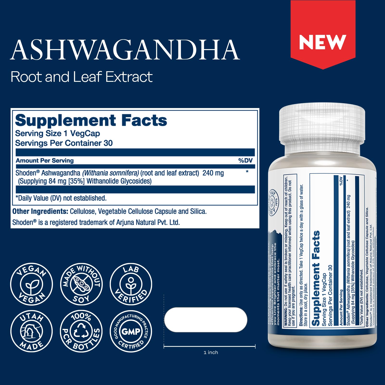 SOLARAY Ashwagandha Capsules side view showing bottle