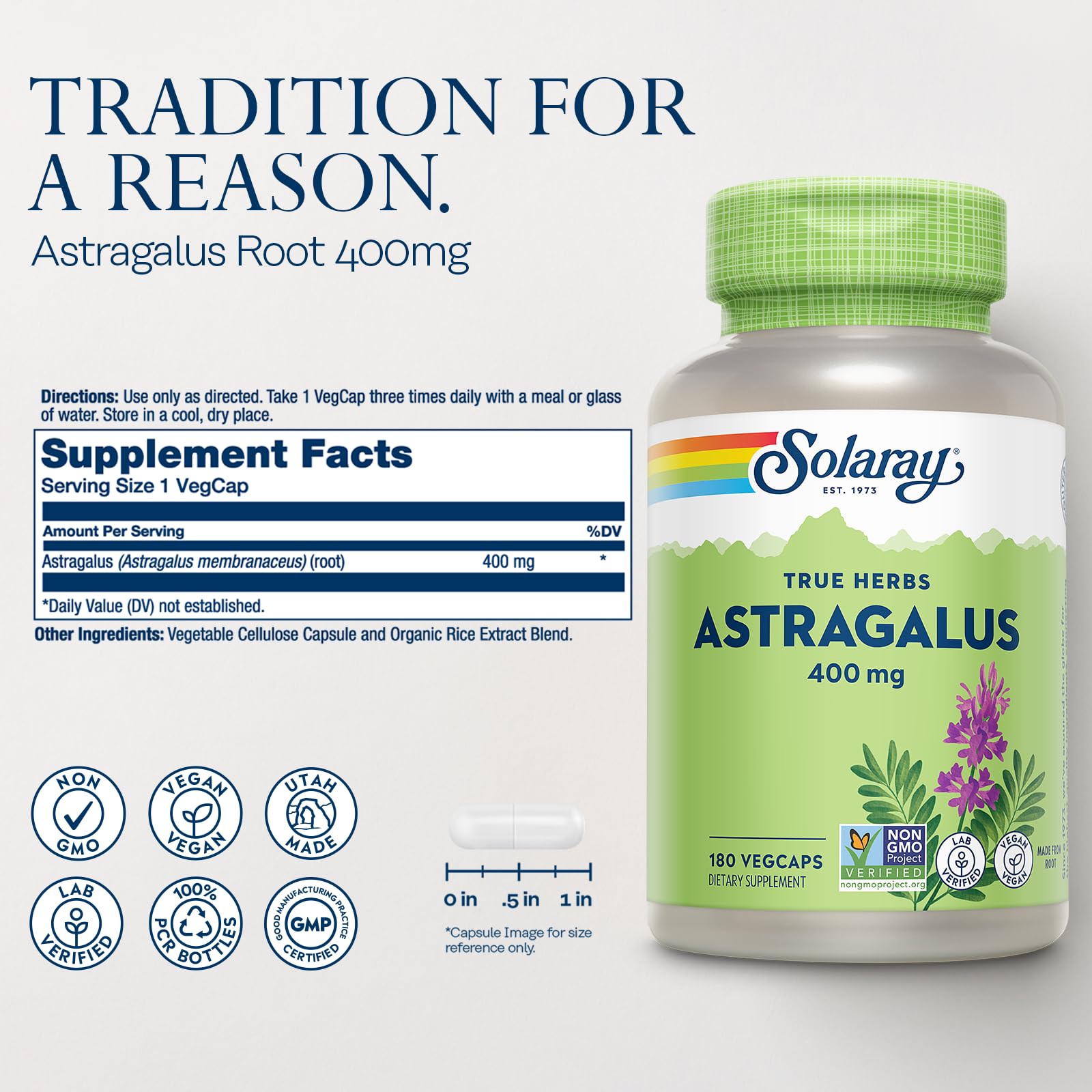 SOLARAY Astragalus Root 400mg side view with label