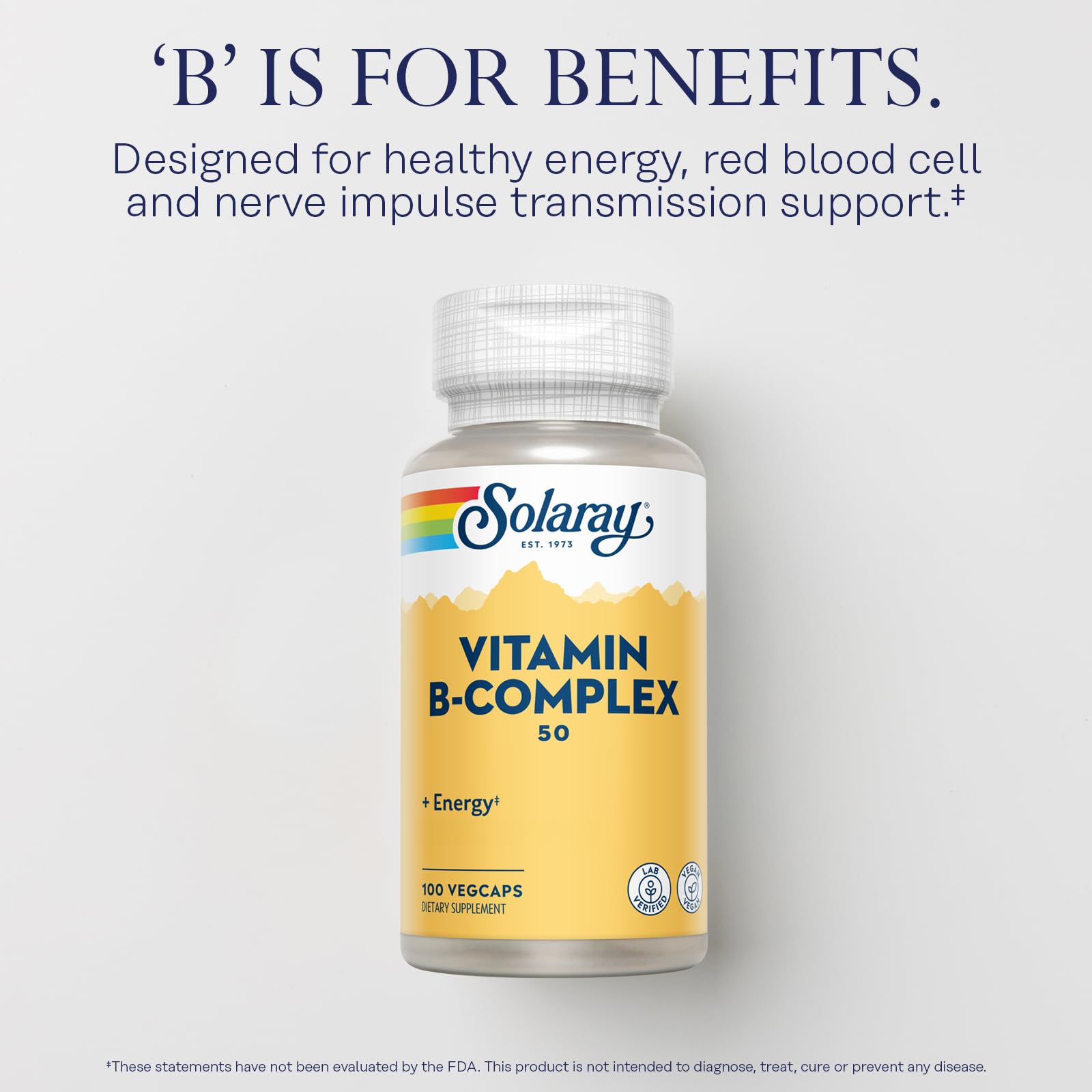 SOLARAY B-Complex Vitamins 50mg capsules on a wooden surface