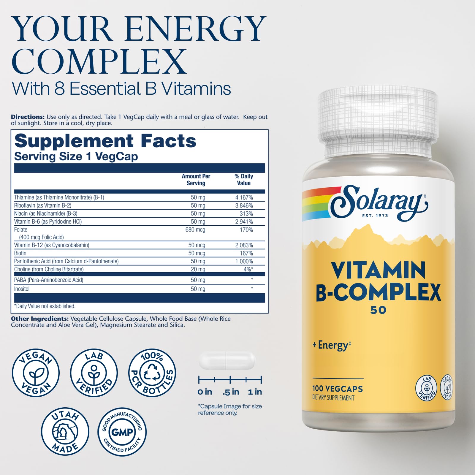 SOLARAY B-Complex Vitamins 50mg side view showing label