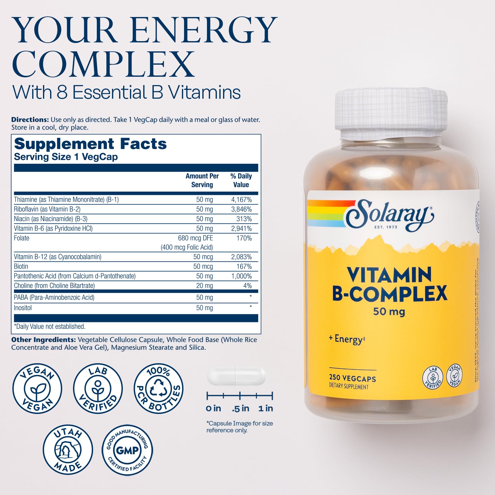 SOLARAY B-Complex Vitamins 50mg side view with label details