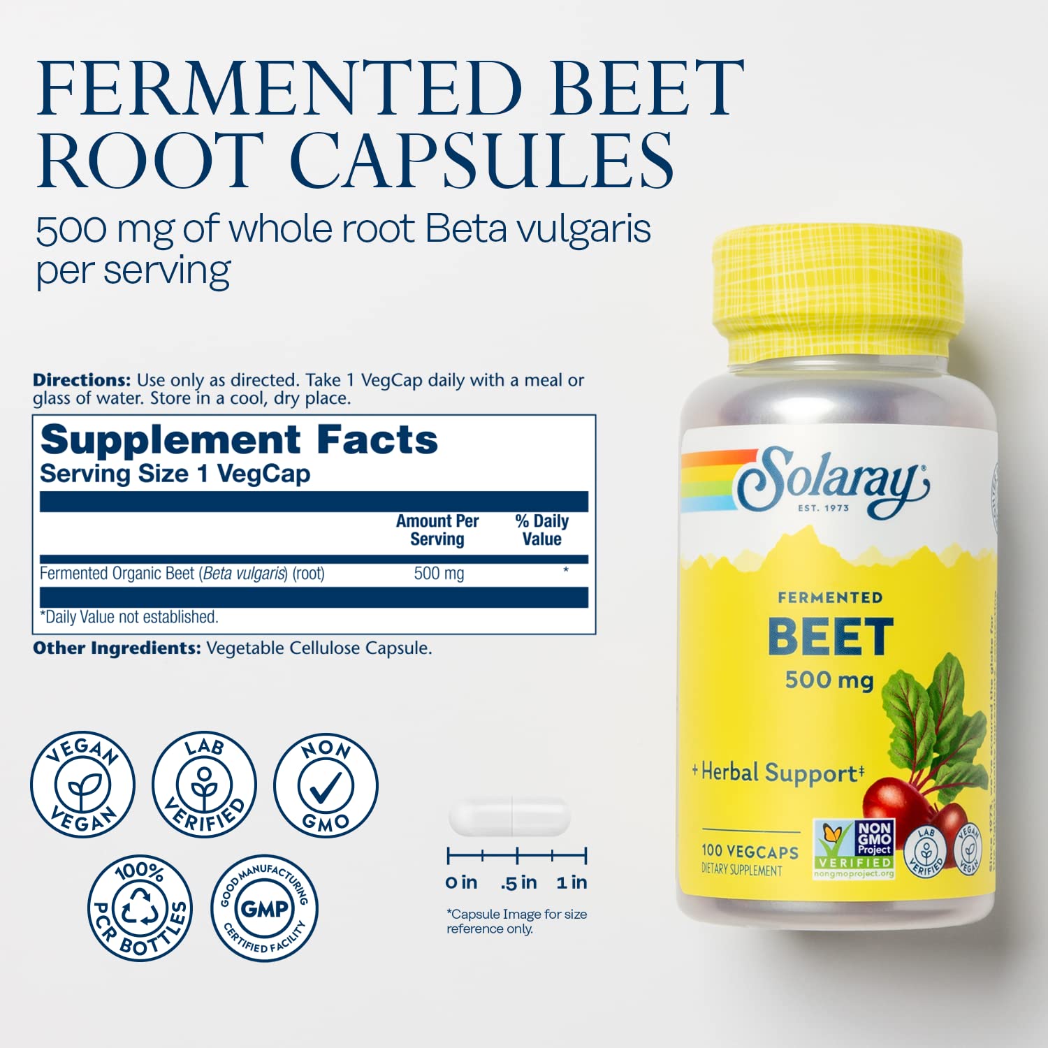 SOLARAY Beet Root Capsules 500mg with label details